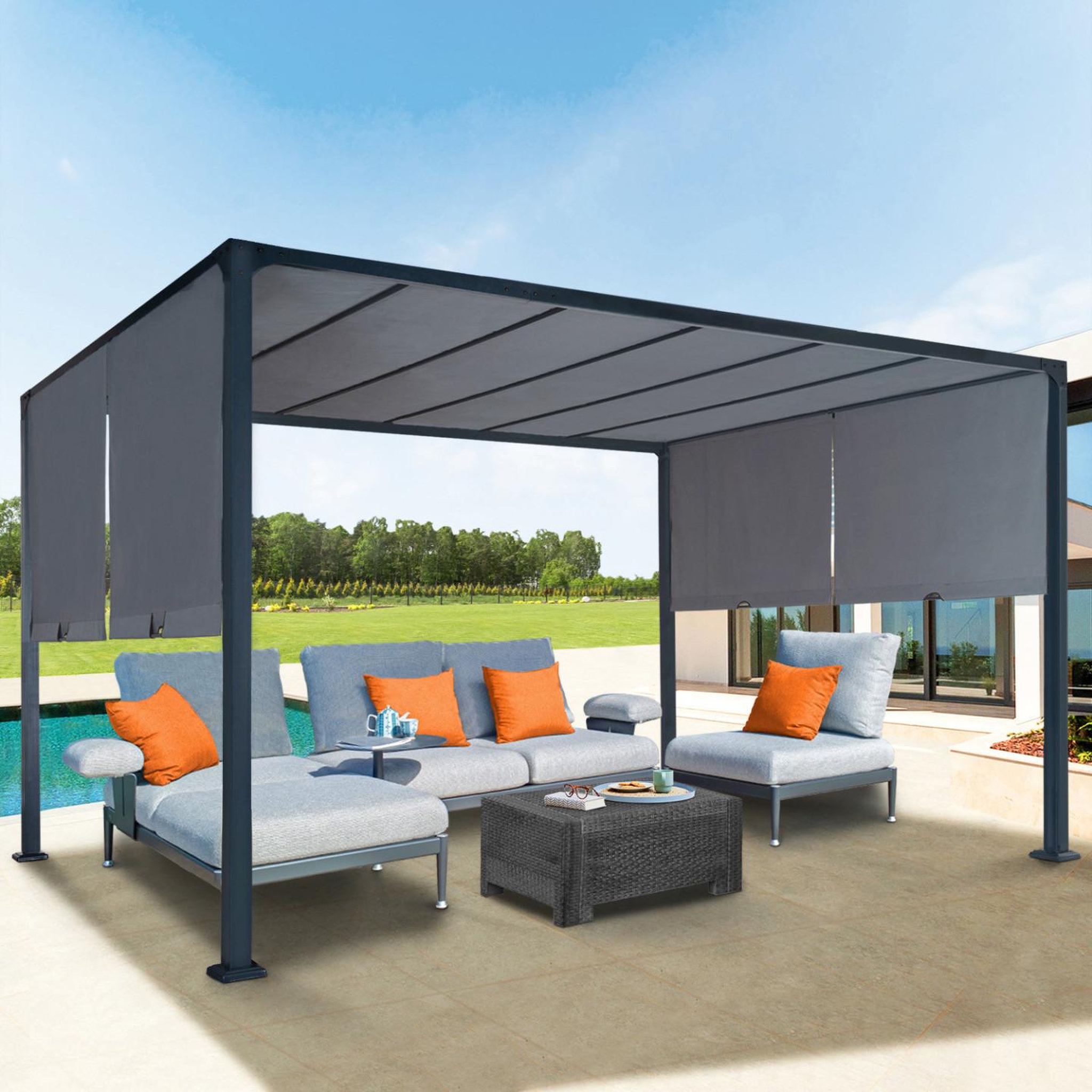Voir la diapositive 2 : ID MARKET Pergola coulissante 2 pans 3x4 m belvédère de jardin toile gris anthracite