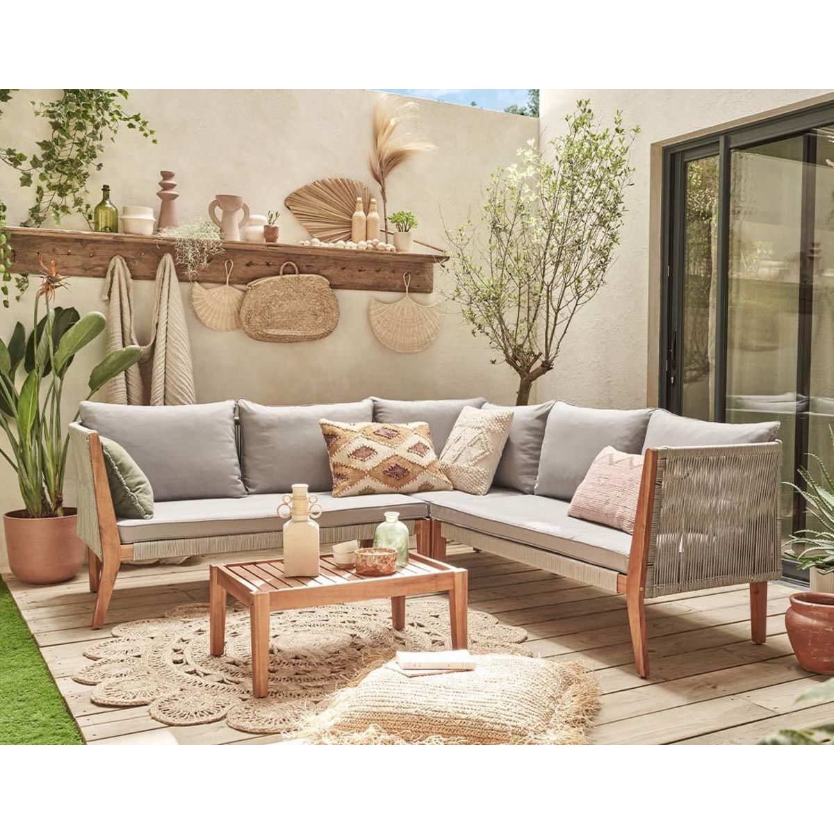 BEST MOBILIER Papua - salon bas de jardin 5 places - bois, corde et coussins gris