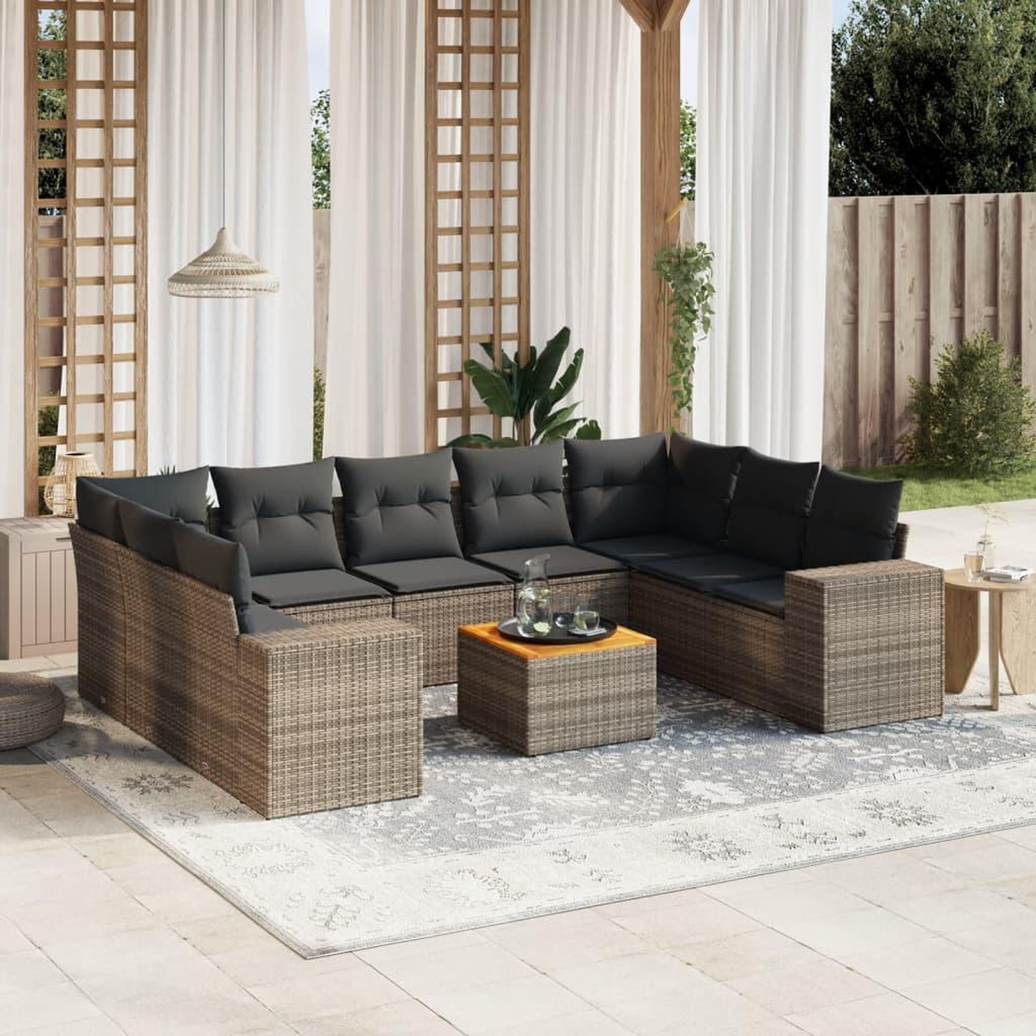 VIDAXL Salon de jardin avec coussins 10 pcs gris resine tressee