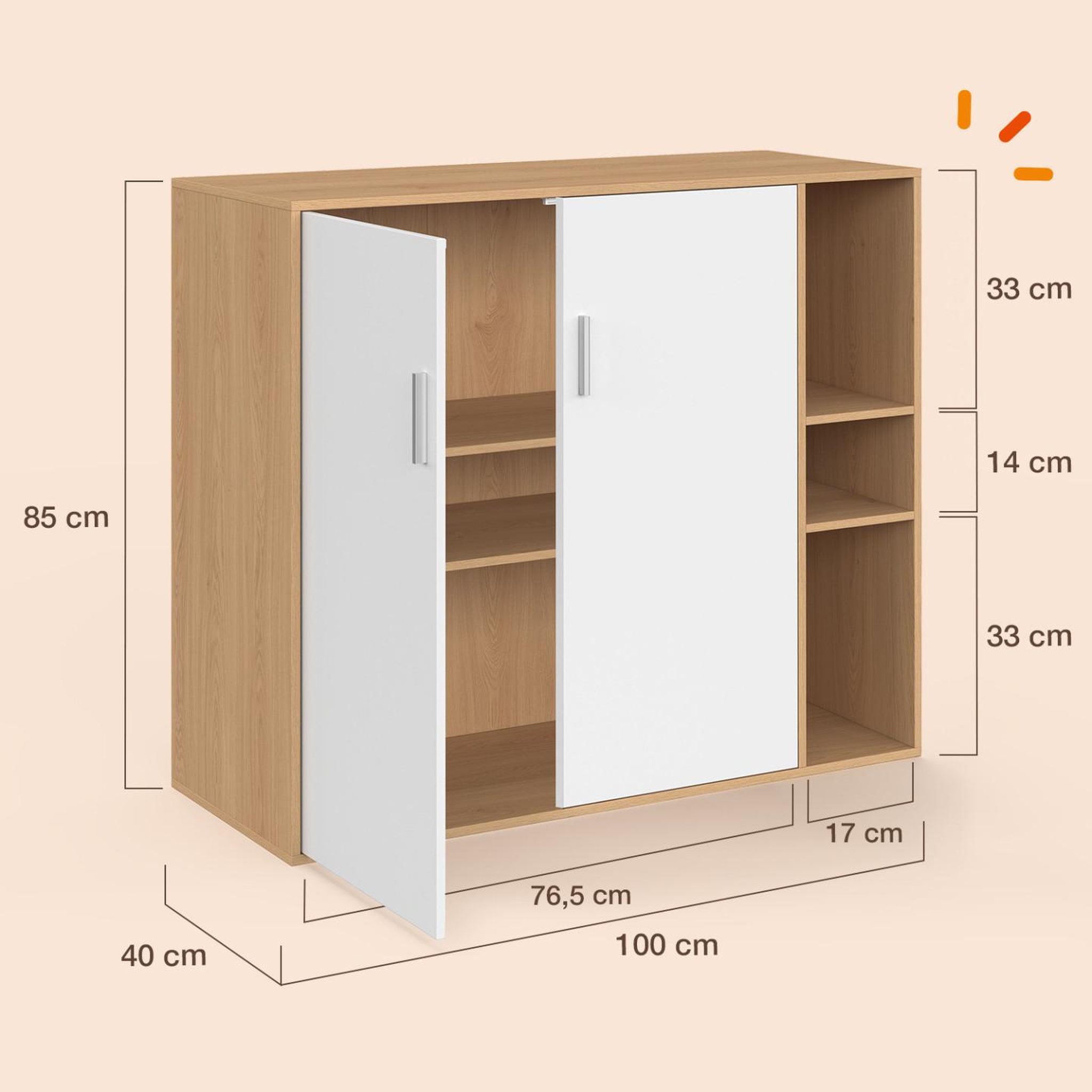 Voir la diapositive 4 : ID MARKET Armoire basse de bureau MARIA 2 portes et étagères bois et blanc