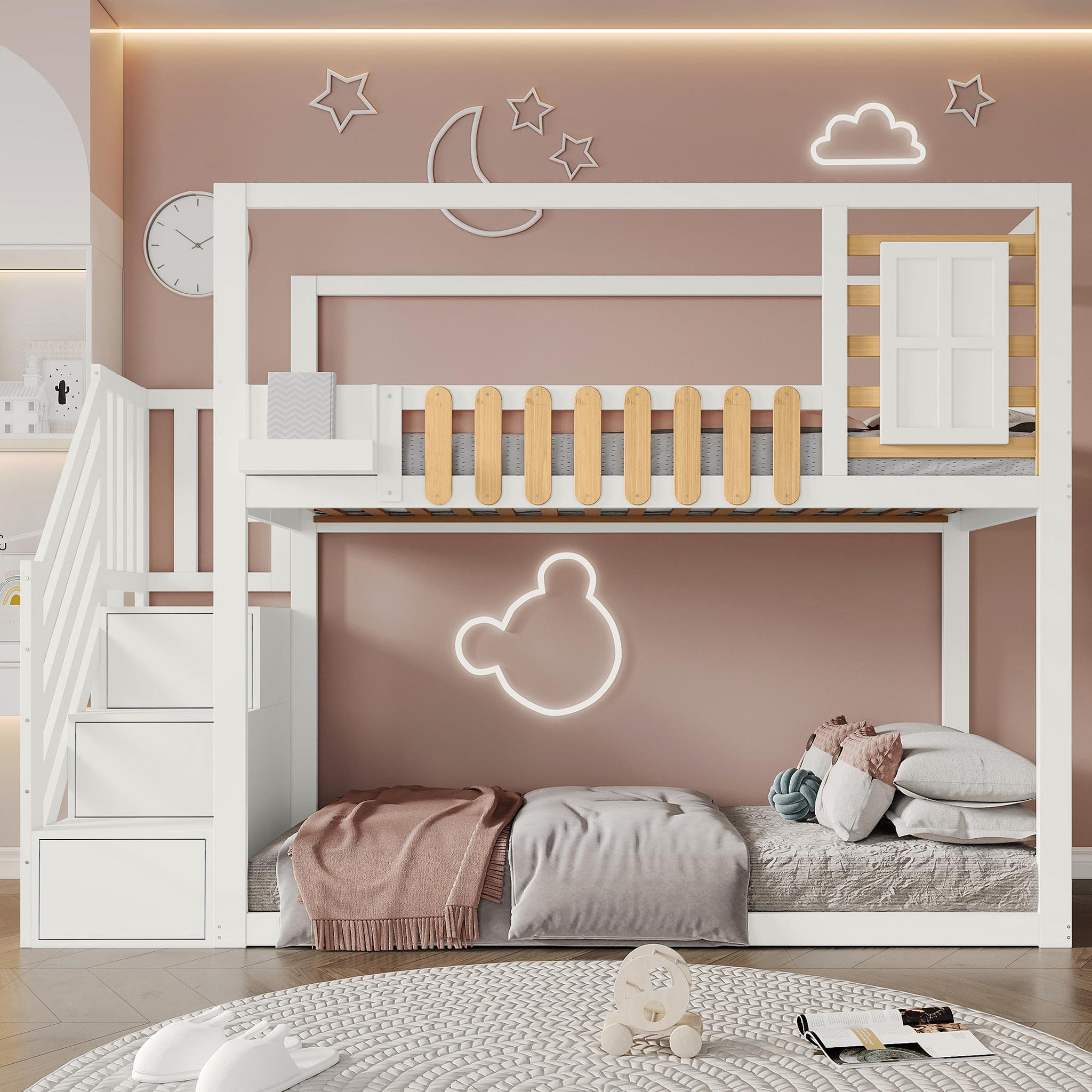 Voir la diapositive 2 : MERAX Lit superposé 90x200cm coloris blanc+naturel pin et mdf