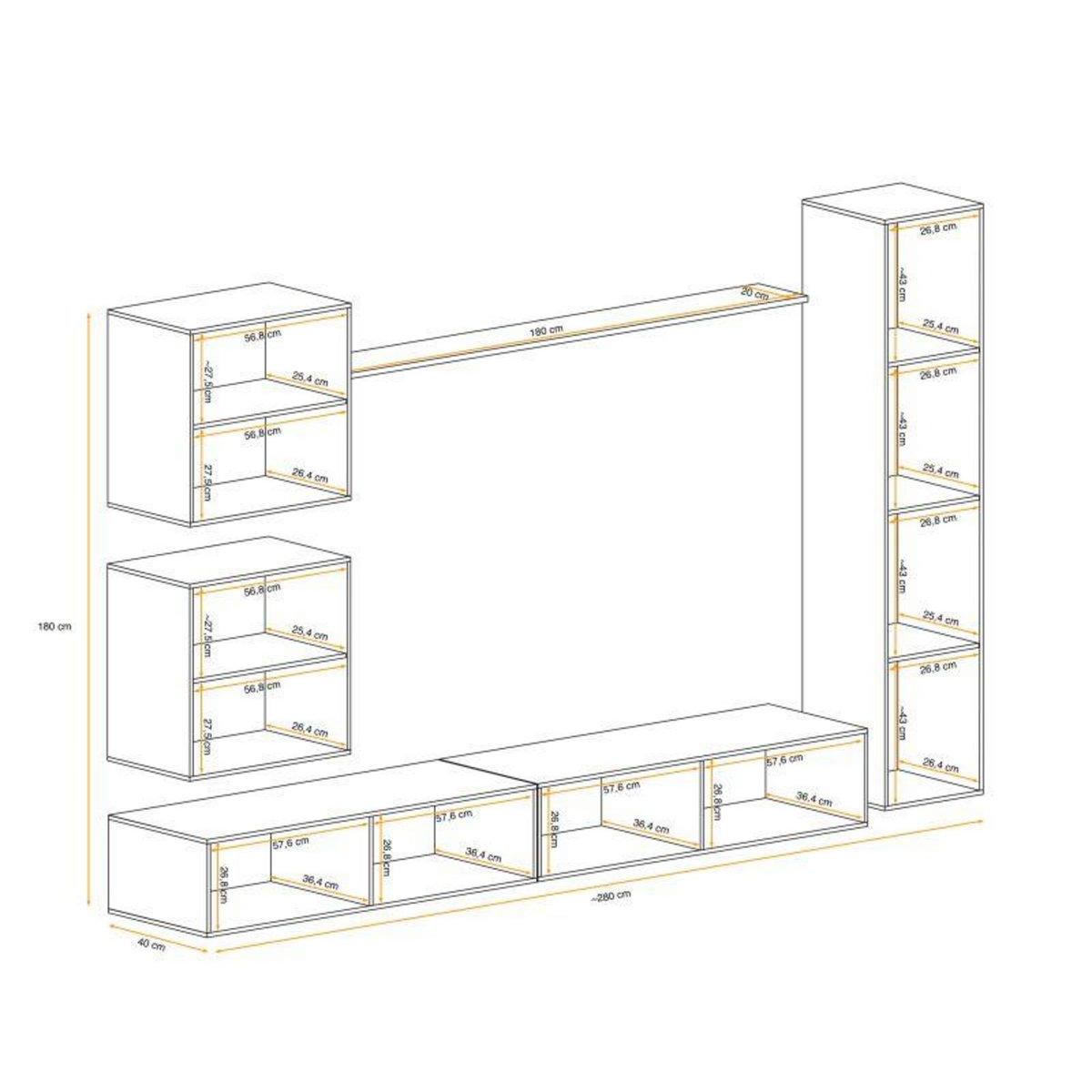 Paris Prix Meuble TV Mural Design  Switch VIII  280cm Gris