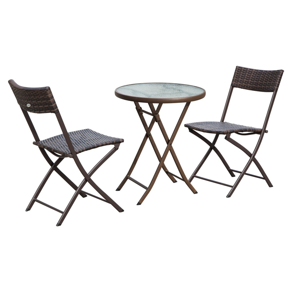 OUTSUNNY Ensemble salon de jardin 2 places table ronde pliable plateau verre trempé chaises pliantes résine tressée chocolat
