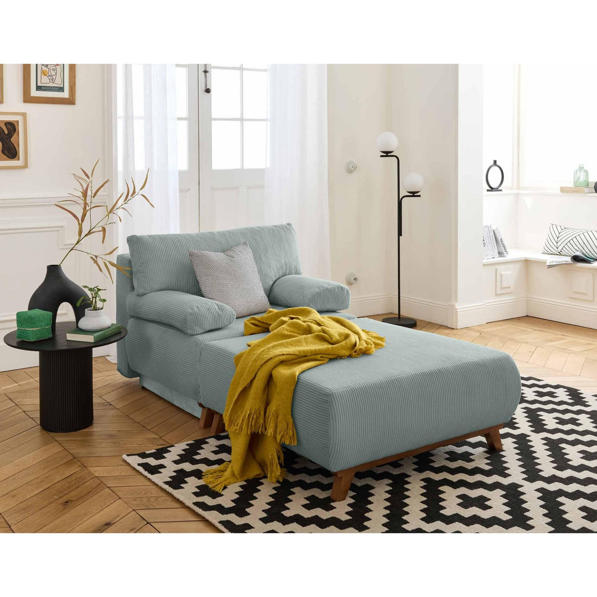 BEST MOBILIER Cristal - fauteuil - convertible avec coffre et grand pouf - en velours côtelé