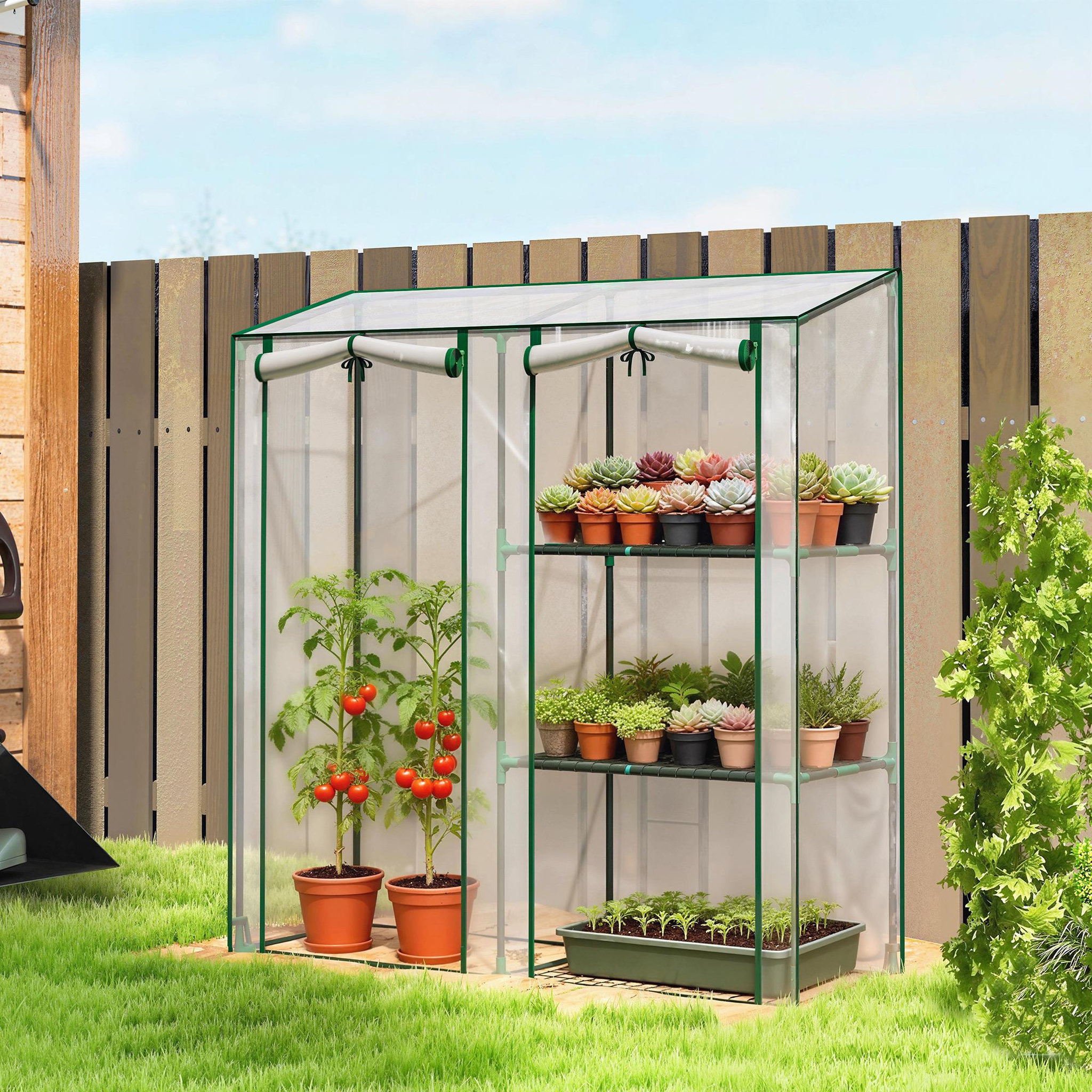 Voir la diapositive 6 : OUTSUNNY Serre à tomates serre à fleurs 3 étagères 2 en 1 vert transparent