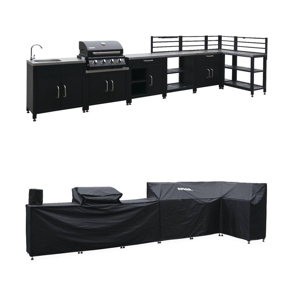 SWEEEK Ensemble de meubles de cuisine extérieure en acier inoxydable 8 modules avec barbecue au gaz 4 brûleurs et housse de protection