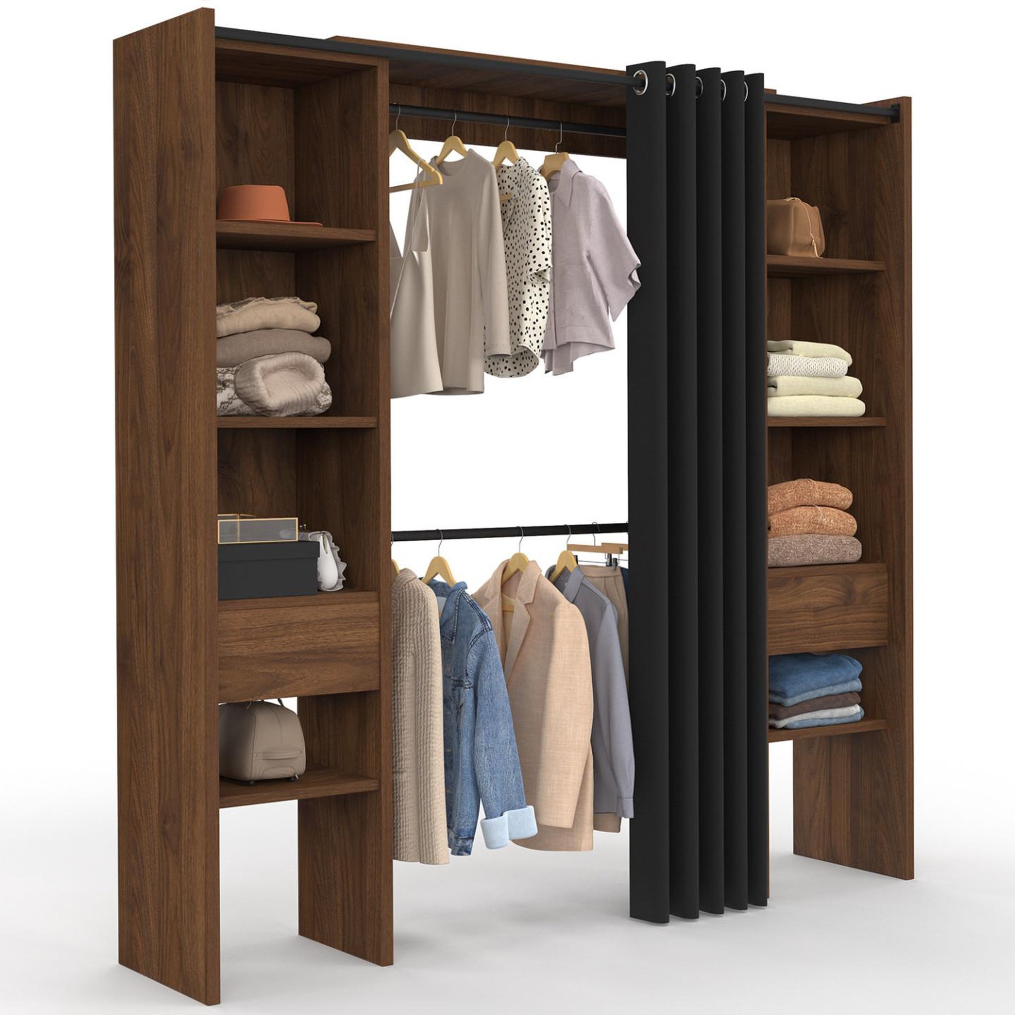 ID MARKET Dressing extensible double meryl 120/180 x 50 x 180 cm noyer avec étagères + double penderie + rideau noir