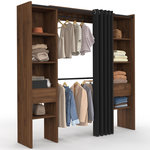 ID MARKET Dressing extensible double MERYL 120/180 x 50 x 180 cm noyer avec étagères + double penderie + rideau noir