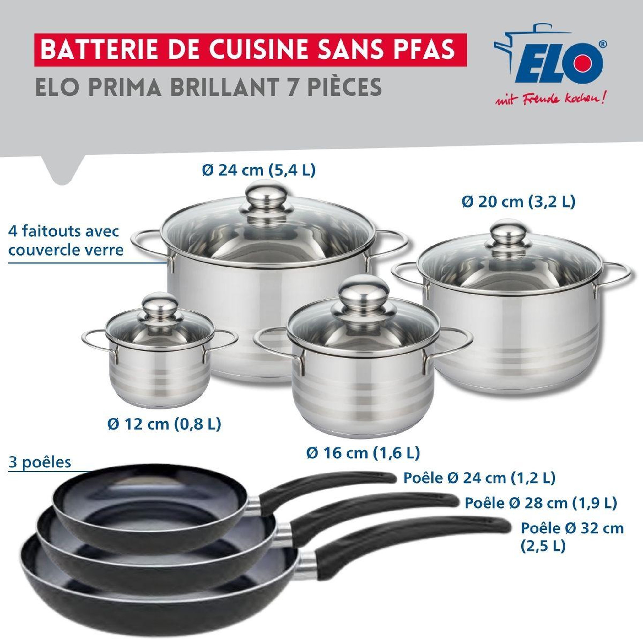 Voir la diapositive 2 : ELO Ensemble de 3 poêles de cuisson 24, 28 et 32 cm et 4 faitouts 12, 16, 20 et 24 cm elo prima brillant