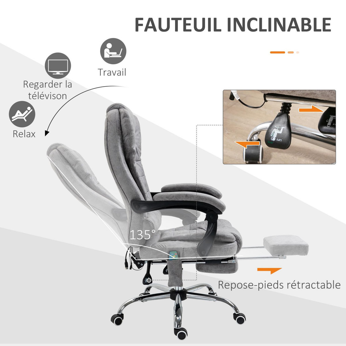 VINSETTO Fauteuil de bureau direction massant chauffant hauteur réglable dossier inclinable repose-pied rétractable tissu technique gris
