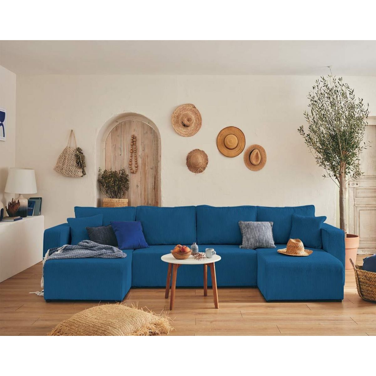 BEST MOBILIER Topaze - canapé panoramique en u - 7 places - convertible avec coffre - en velours côtelé