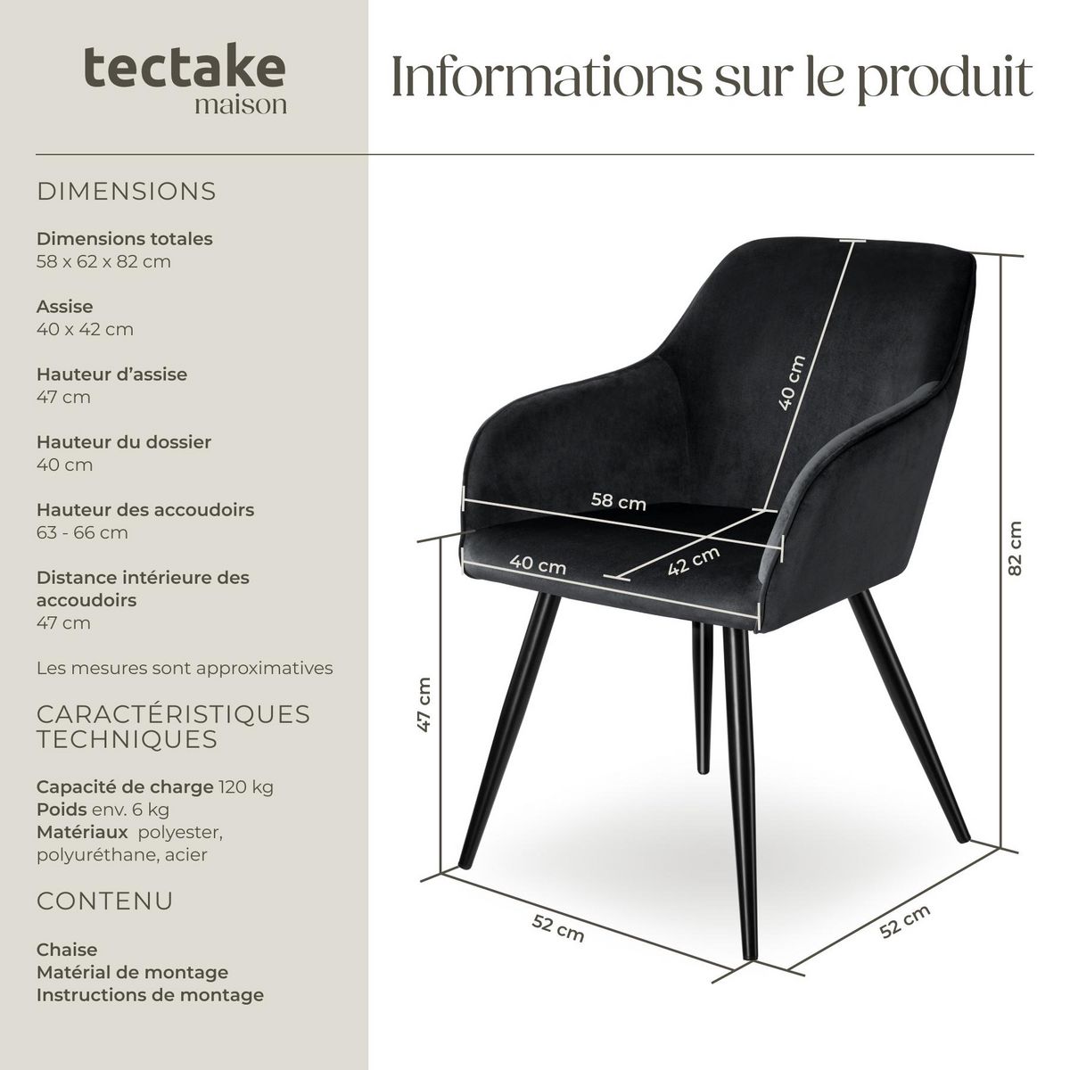 tectake Chaise style scandinave rembourrée aspect velours noir