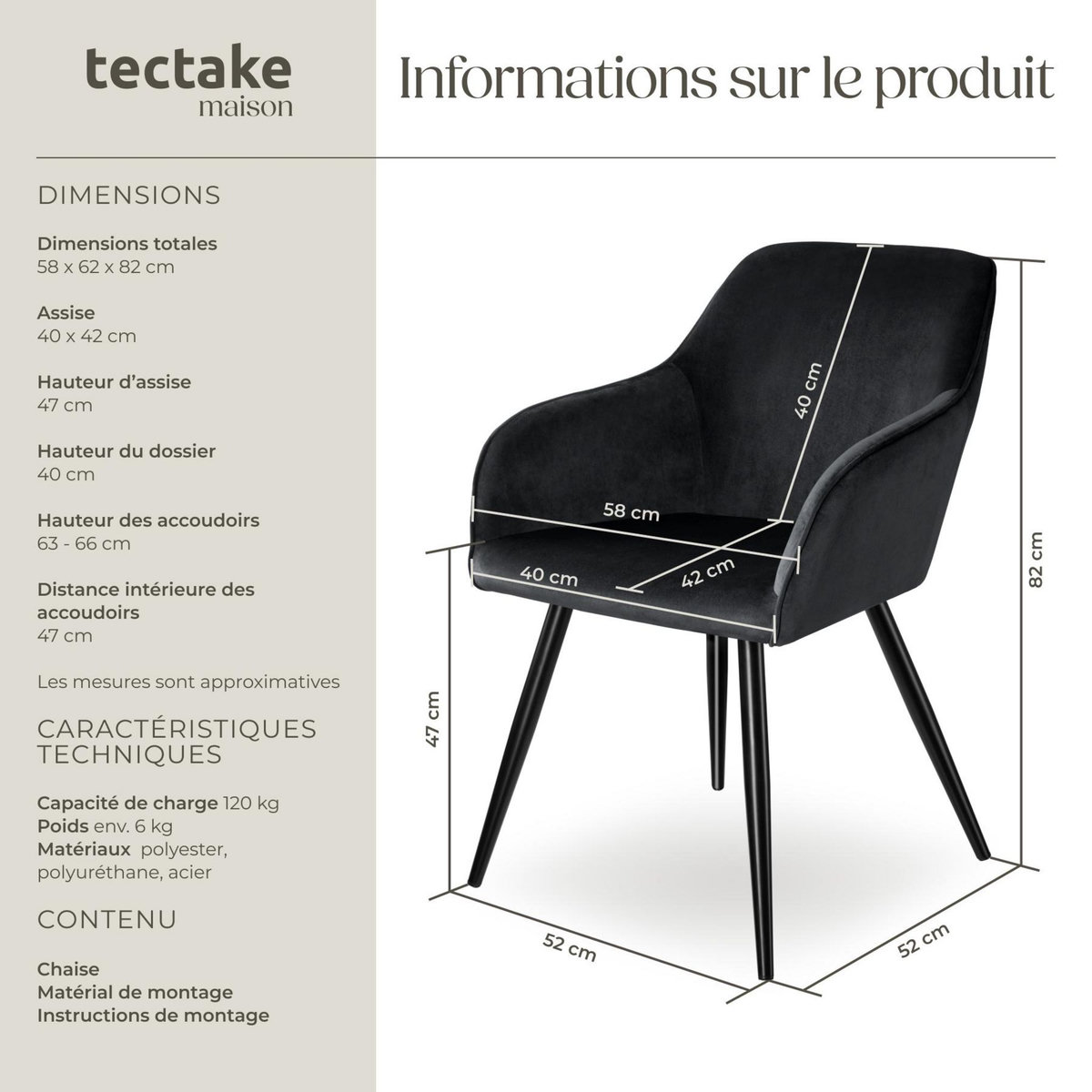 tectake Chaise style scandinave rembourrée aspect velours noir