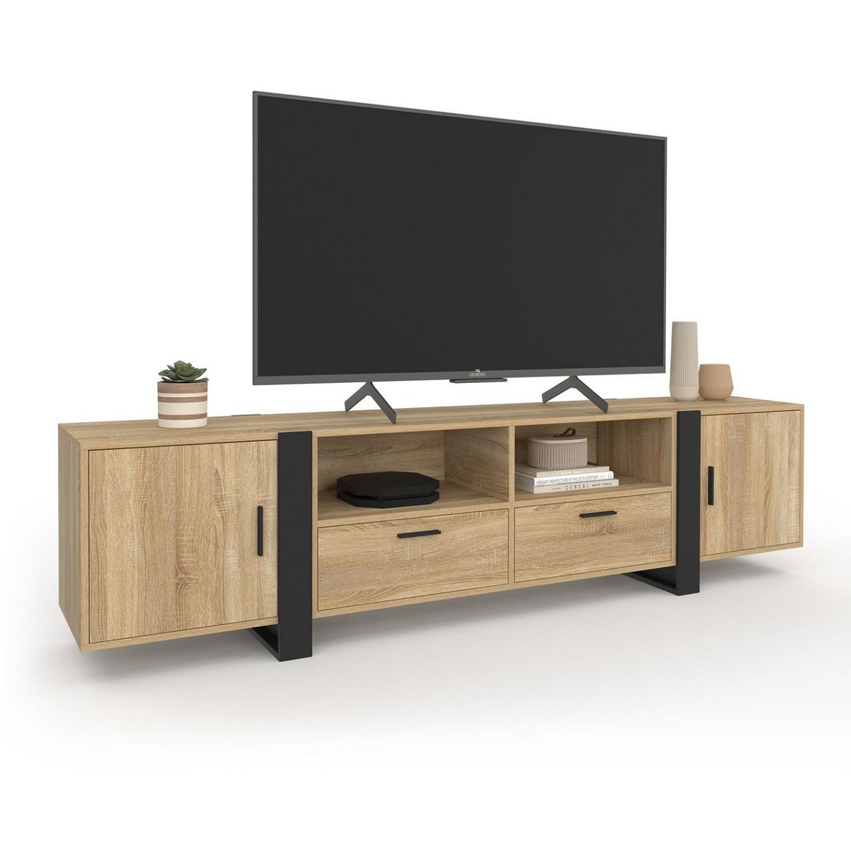 ID MARKET Meuble TV 200 cm PHOENIX 2 portes 2 tiroirs bois et noir