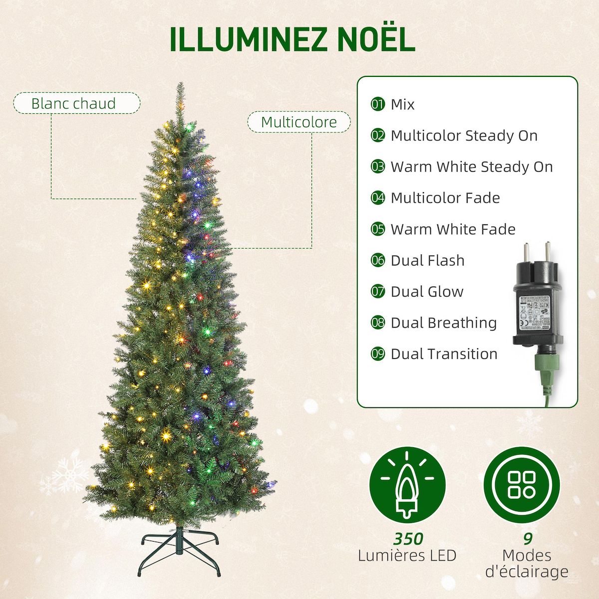 HOMCOM Sapin de Noël artificiel LED x 350 blanc chaud ou multicolore 9 modes H.210 cm 1273 branches support vert