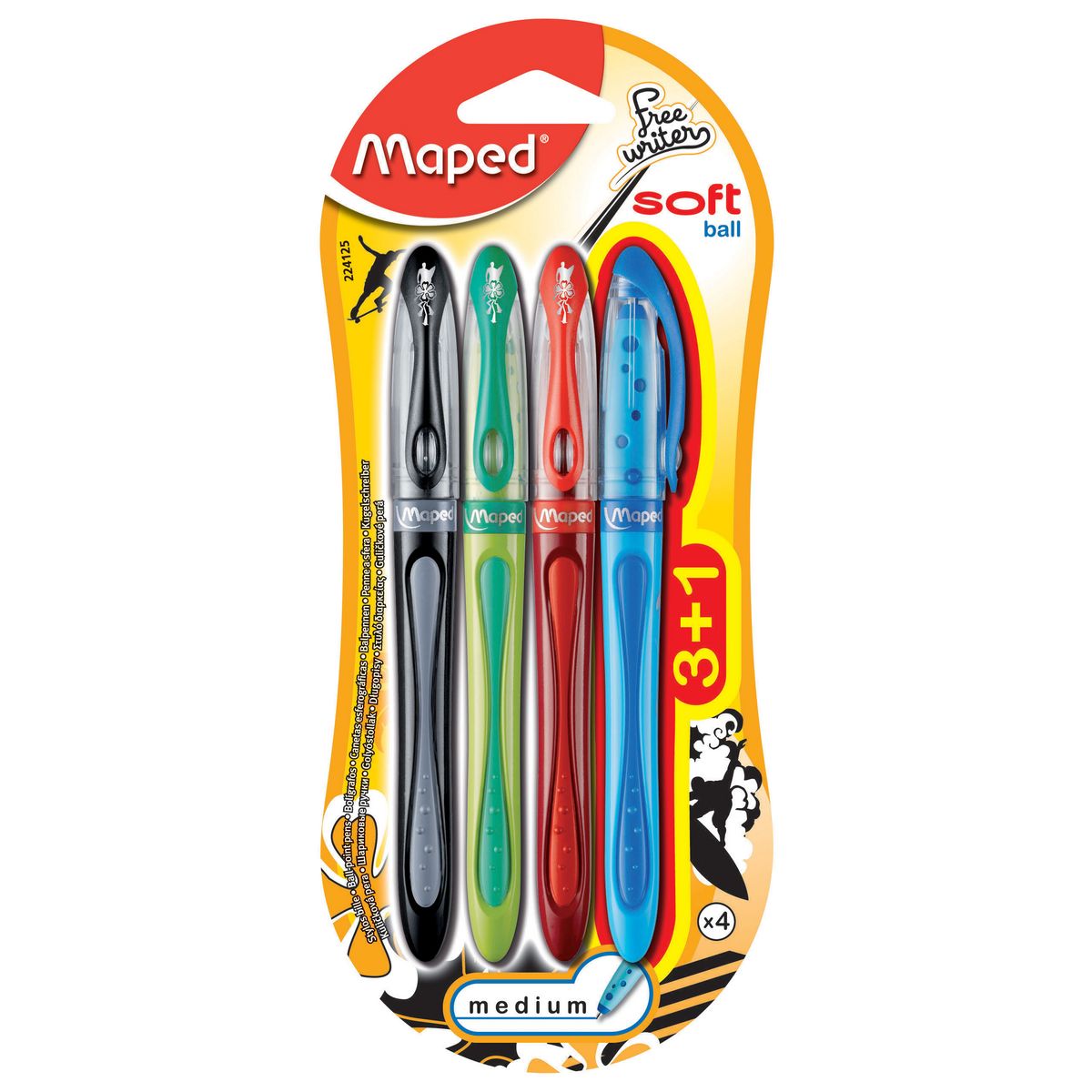 MAPED Lot de 4 stylos bille Freewriter pointe moyenne - assortiment noir, bleu, rouge, vert