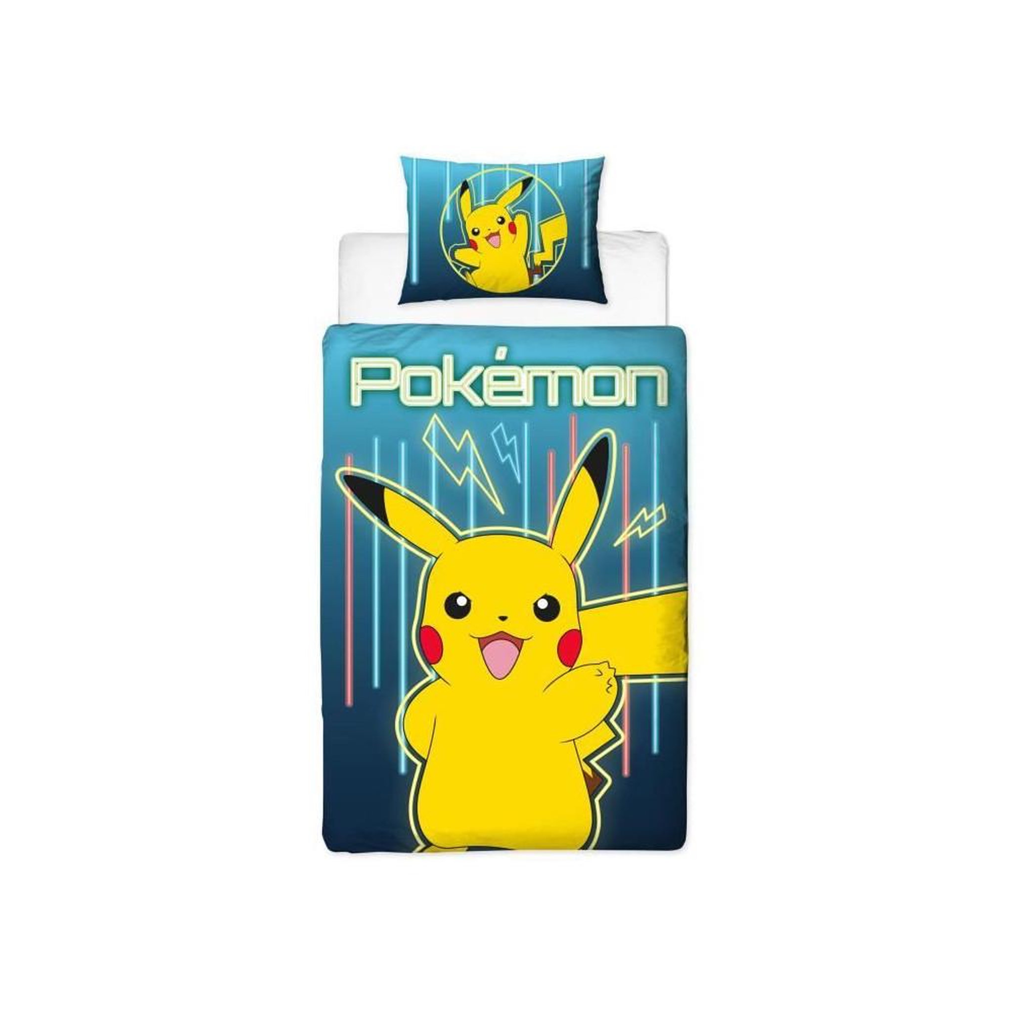 Pokemon Parure de lit réversible - POKEMON - Pikachu Laser - Microfibre - 1 housse de couette 140 x 200 cm + 1 taie 63 x 63 cm