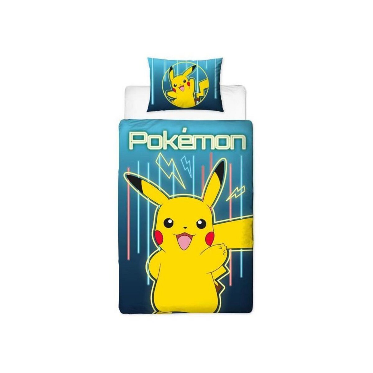 Pokemon Parure de lit réversible - POKEMON - Pikachu Laser - Microfibre - 1 housse de couette 140 x 200 cm + 1 taie 63 x 63 cm