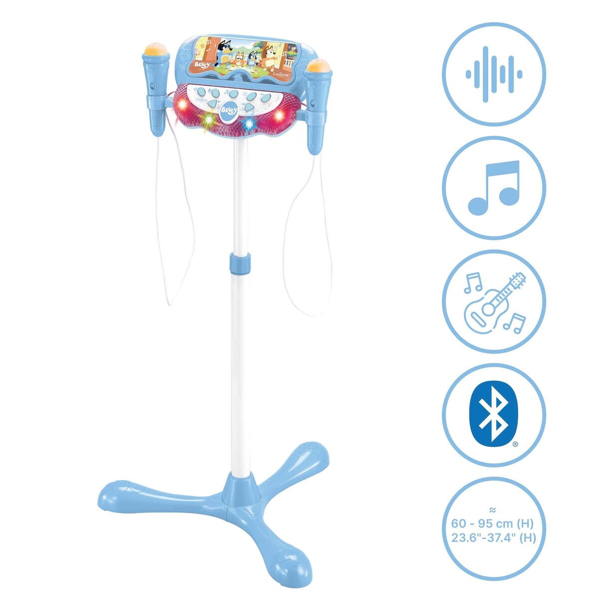 Lexibook Microphone Bluey sur pied ajustable lumineux avec enceinte, 2 Micros et Effets vocaux, Enceinte Bluetooth