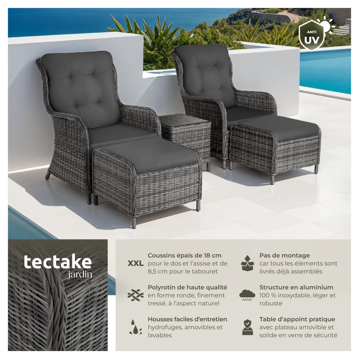 tectake Salon de jardin pour 2 à 4 personnes gris tacheté/gris