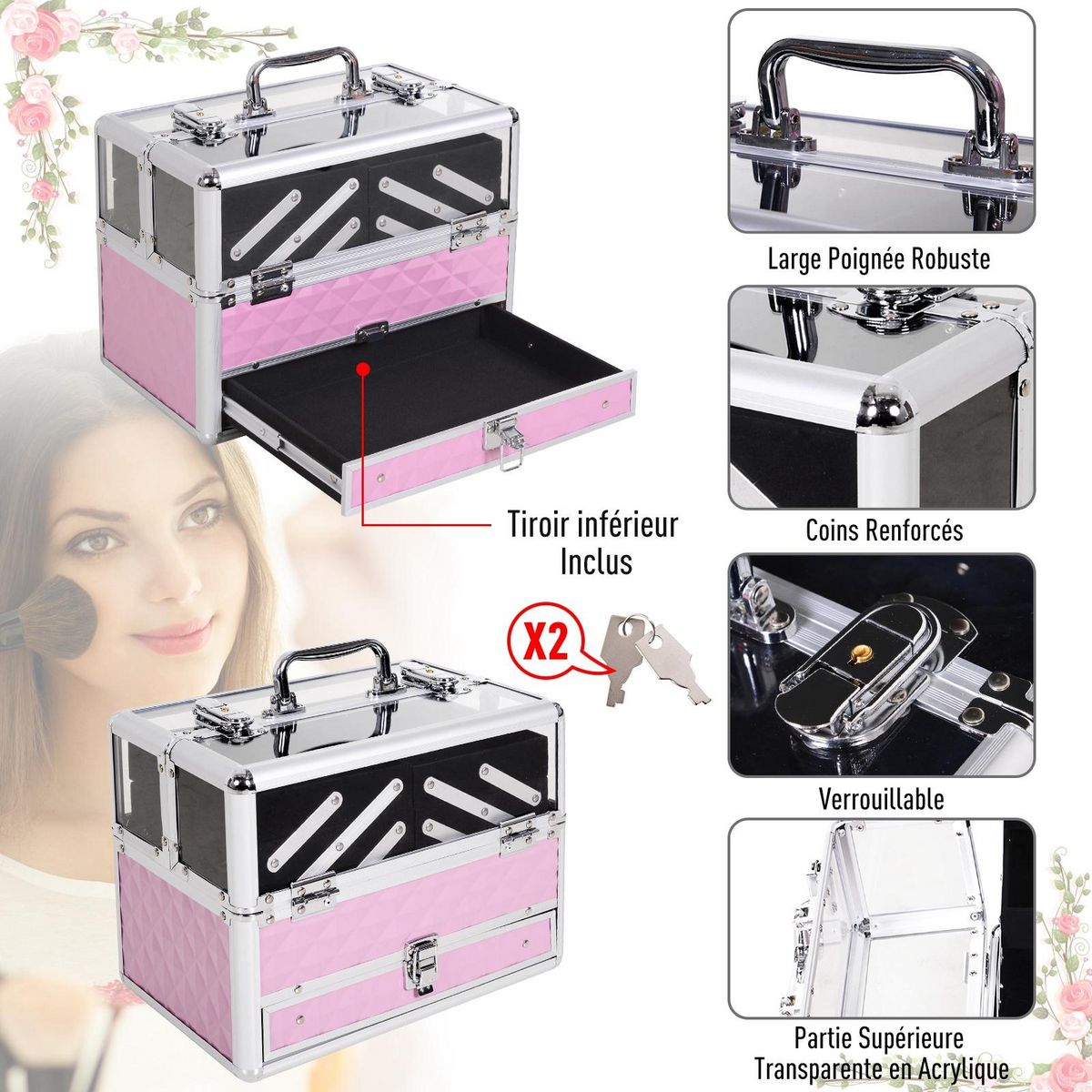 HOMCOM Mallette à maquillage - coffre à cosmétiques - rangement produits de beauté - dim. 30L x 18l x 22H cm - poignée serrure alu. acrylique