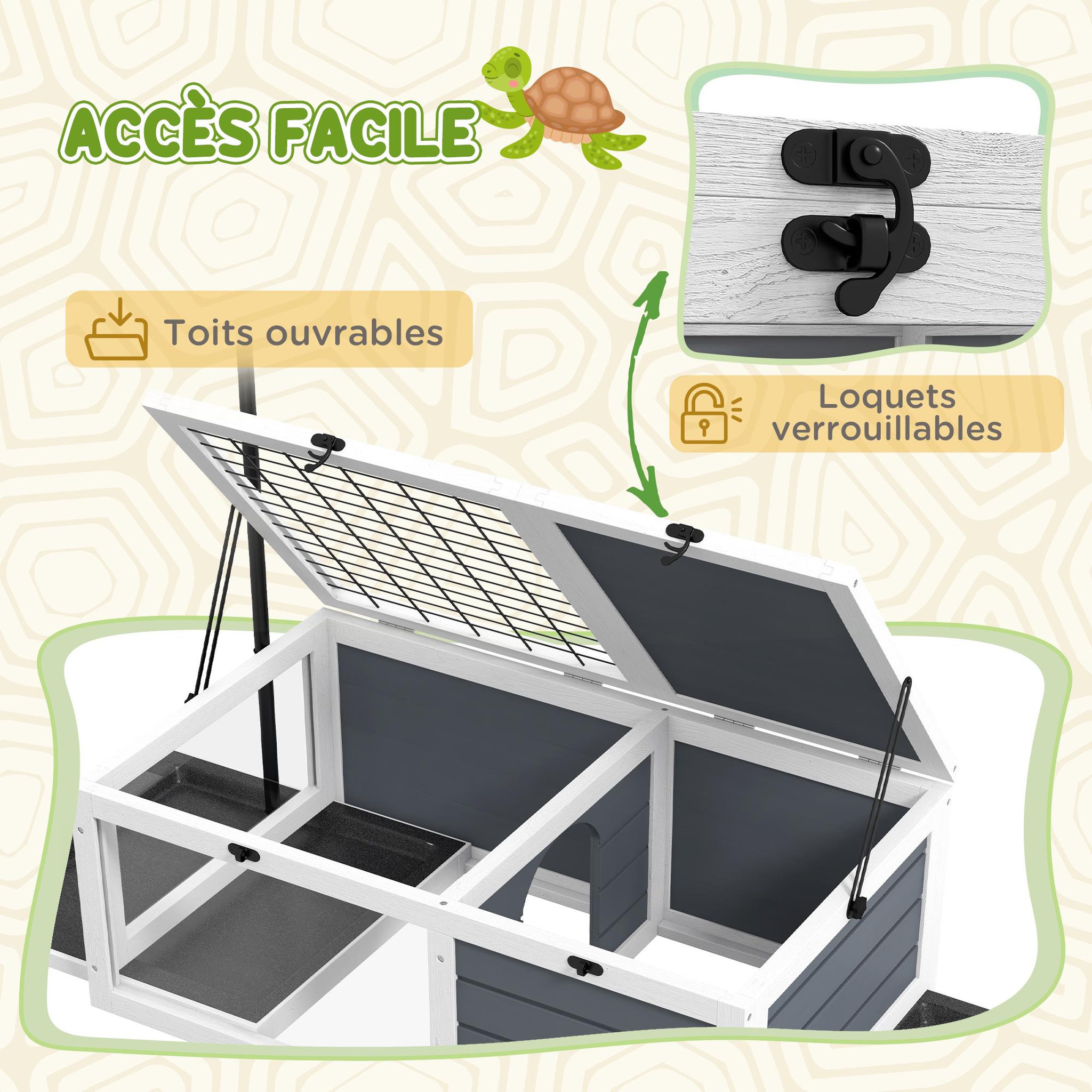 Voir la diapositive 6 : PAWHUT Maison enclos cage pour tortue petit animal avec 2 espaces support lampe réglable bois gris blanc