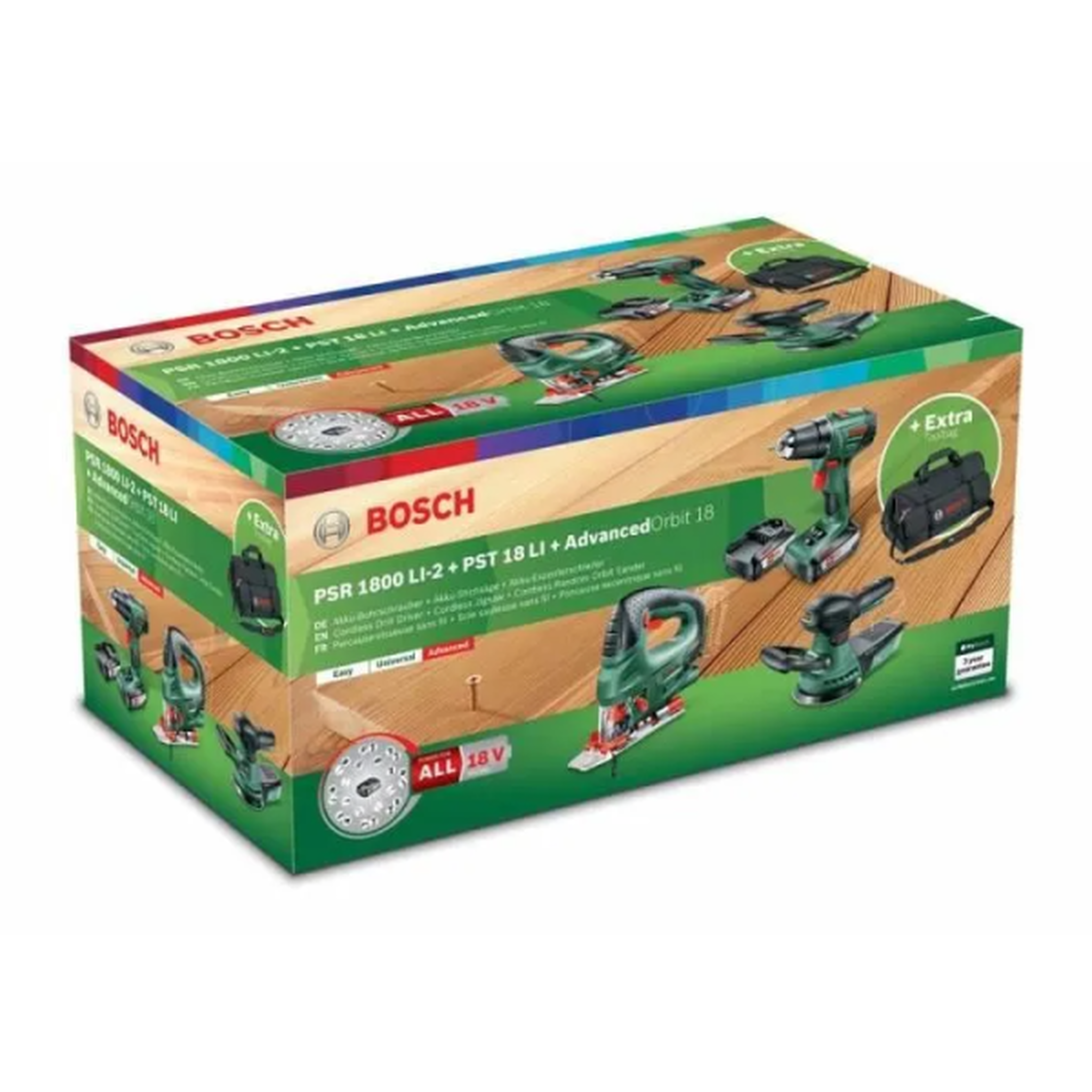 Voir la diapositive 3 : BOSCH [neuf – emballage abimé] pack 3 outils sans-fil 18v bosch - perceuse psr 1800 li-2 + scie sauteuse pst 18 + ponceuse excentri