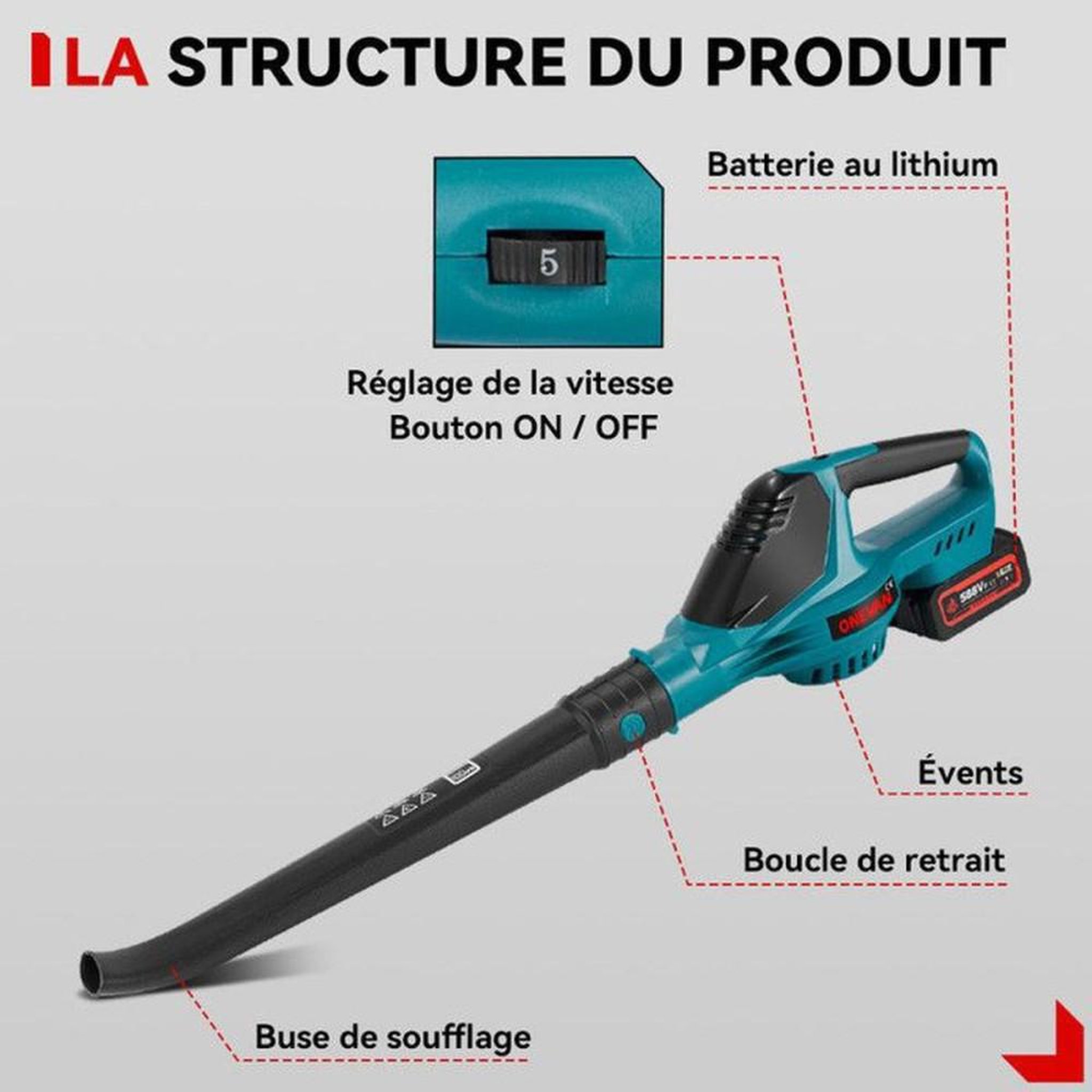 Voir la diapositive 2 : Souffleur de feuilles électrique sans fil 500 W 28 000 tr/min 5 vitesses 2x 3Ah turquoise et noir