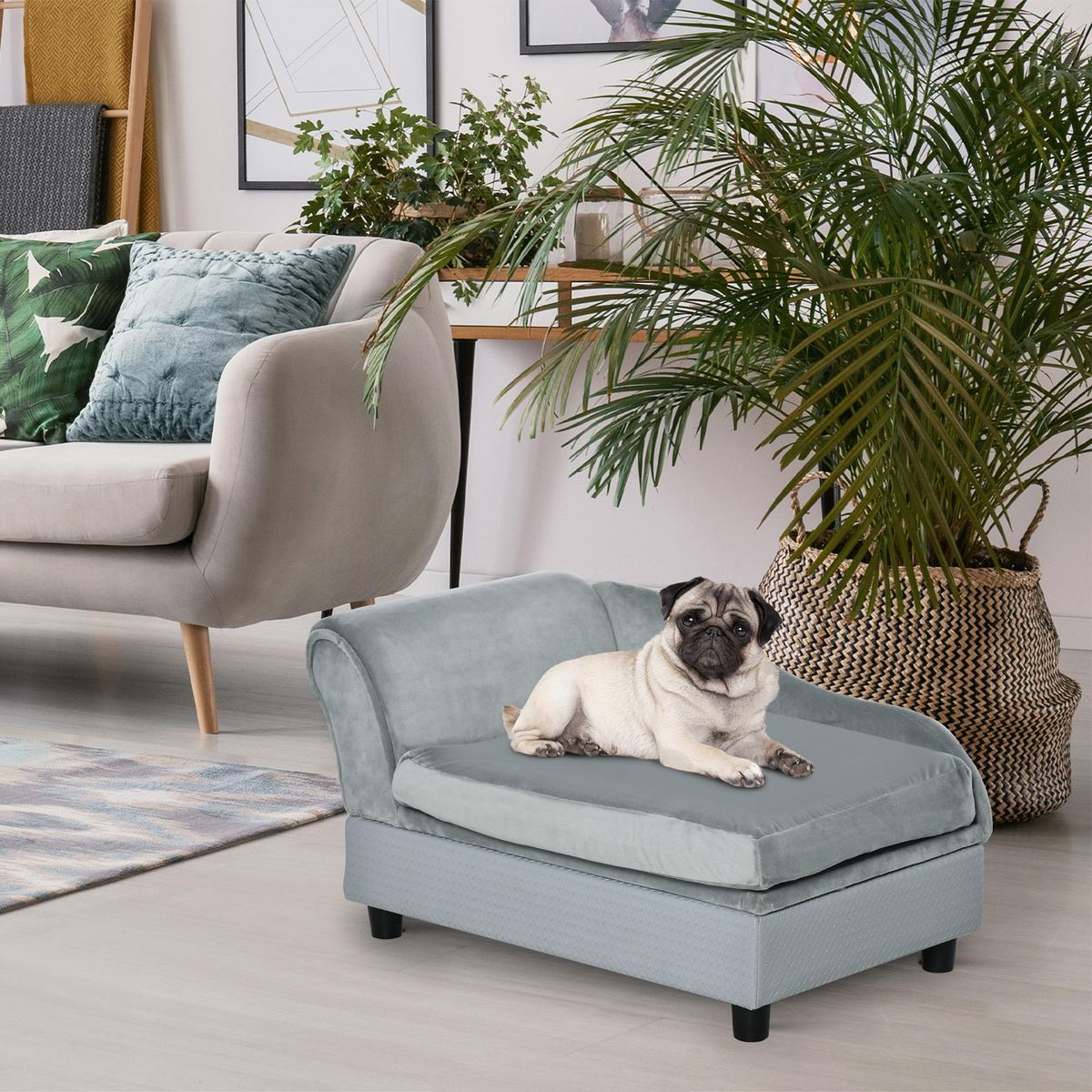 PAWHUT Canapé Chien Chat sur Pied avec Coffre de Rangement Style Moderne Coussin d'assise Amovible Grand Confort 76 x 45 x 41,5 cm Bleu
