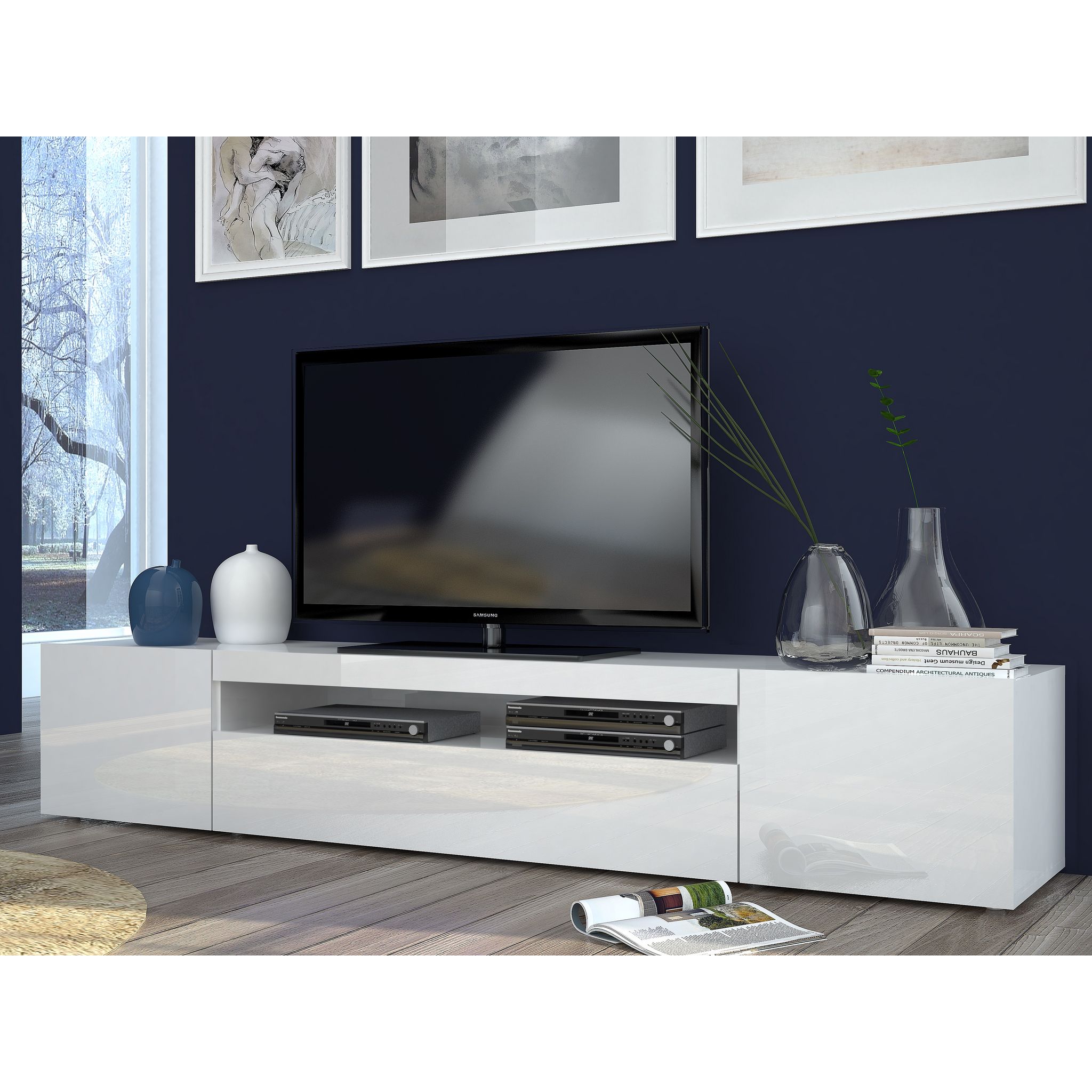Meuble TV 3 portes 1 niche TECHNO L200cm. Coloris disponibles : Blanc, Gris