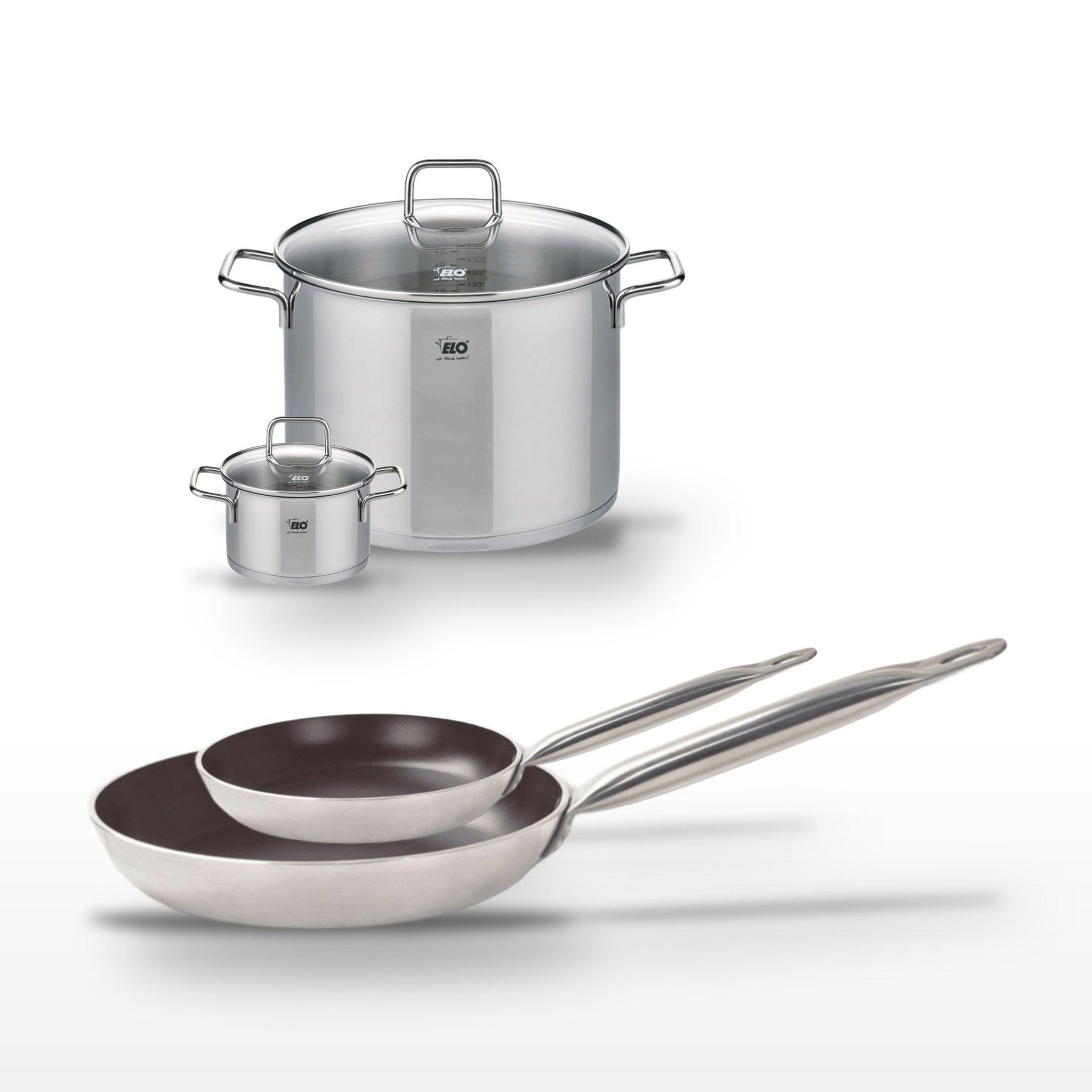 ELO Lot de 2 poêles 24/32cm avec revêtement céramique sans pfas et 2 faitouts 14/26cm elo bistro line citrin