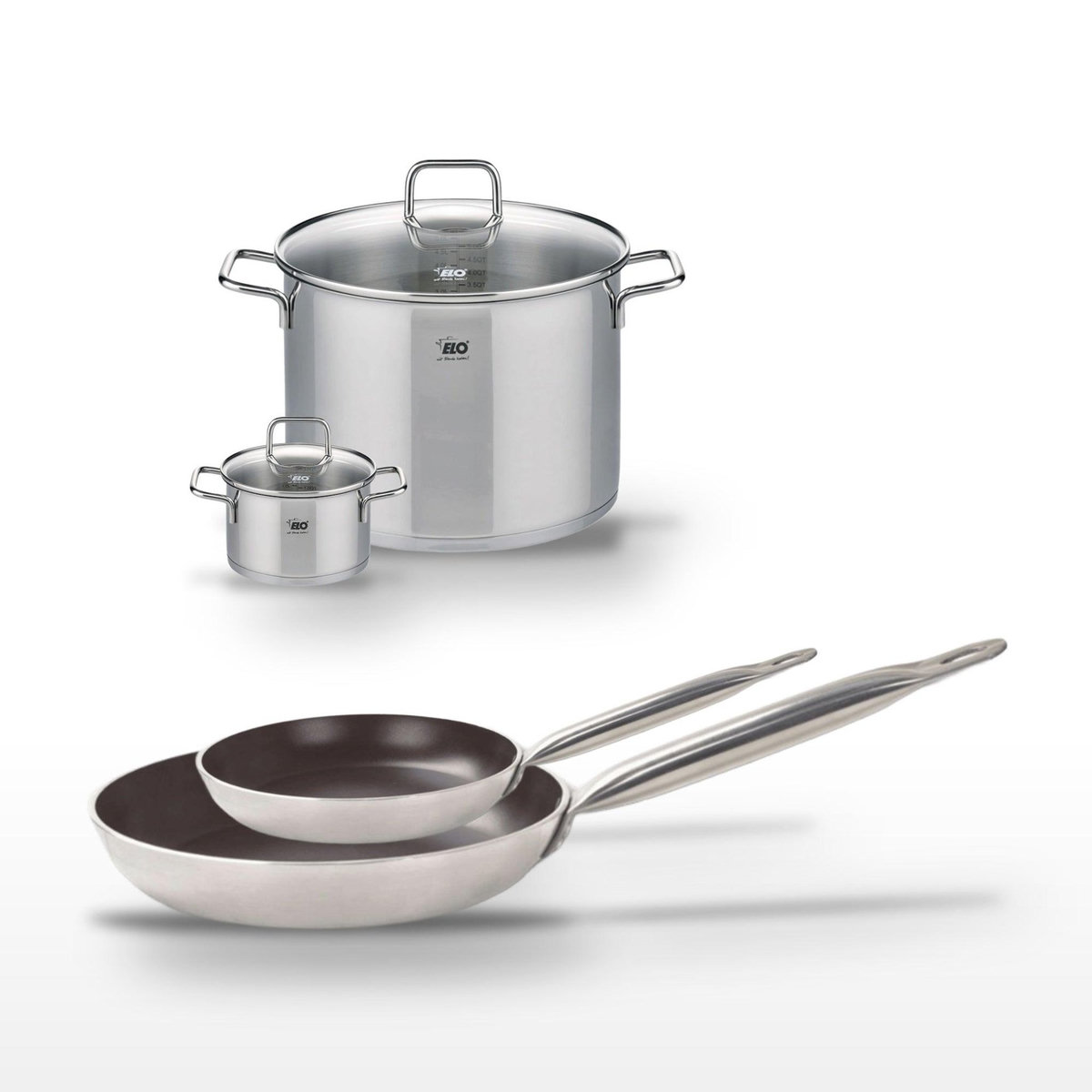 ELO Lot de 2 Poêles 24/32cm avec revêtement céramique sans PFAS et 2 Faitouts 14/26cm Elo Bistro Line Citrin