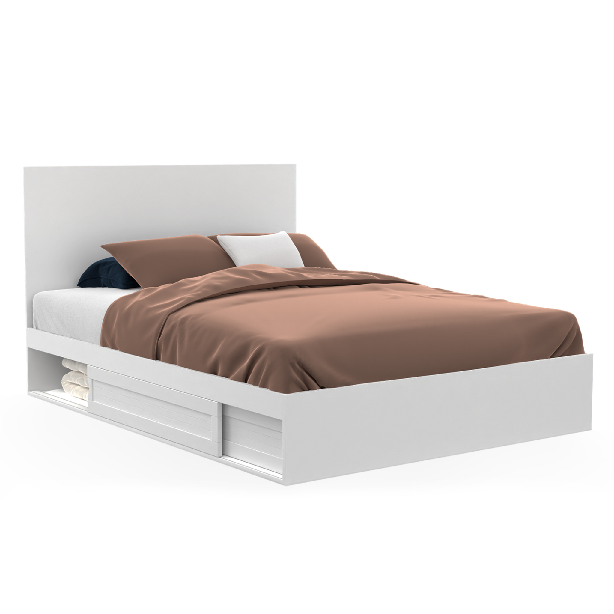 ID MARKET Lit double melsa avec rangements tête de lit et sommier 140 x 190 cm blanc