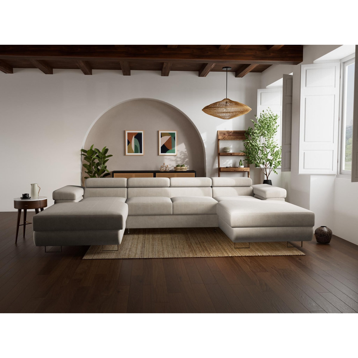 BEST MOBILIER Pablo - canapé panoramique en u - 7 places - convertible avec coffres et têtières réglables - en velours côtelé