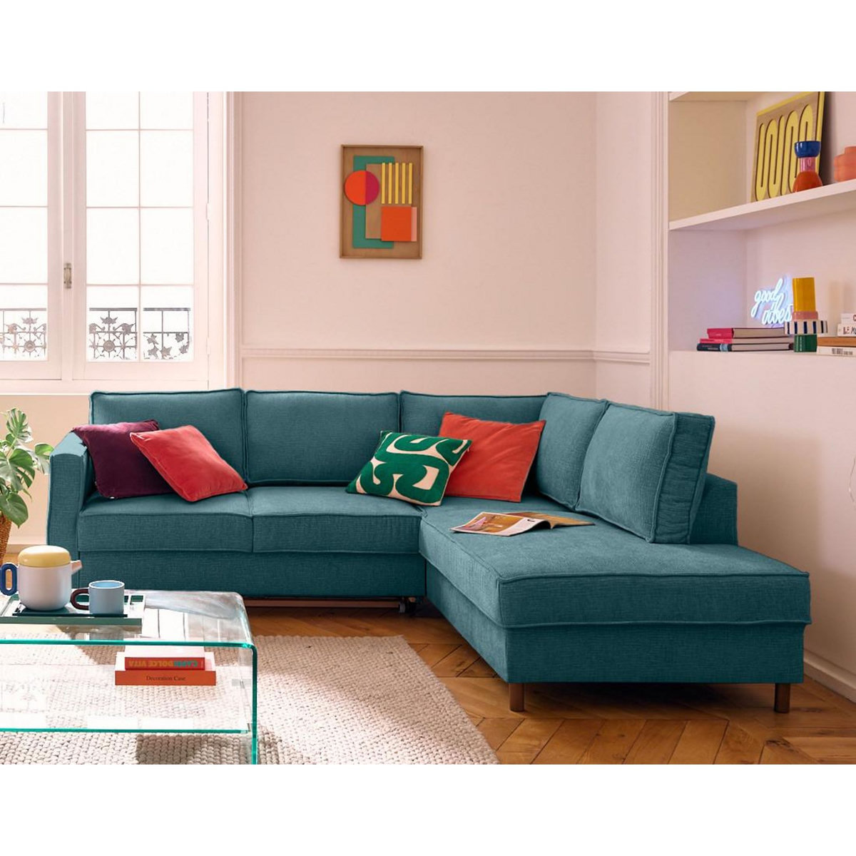 LISA DESIGN Jake - canapé d'angle droit 5 places convertible en tissu velours relief