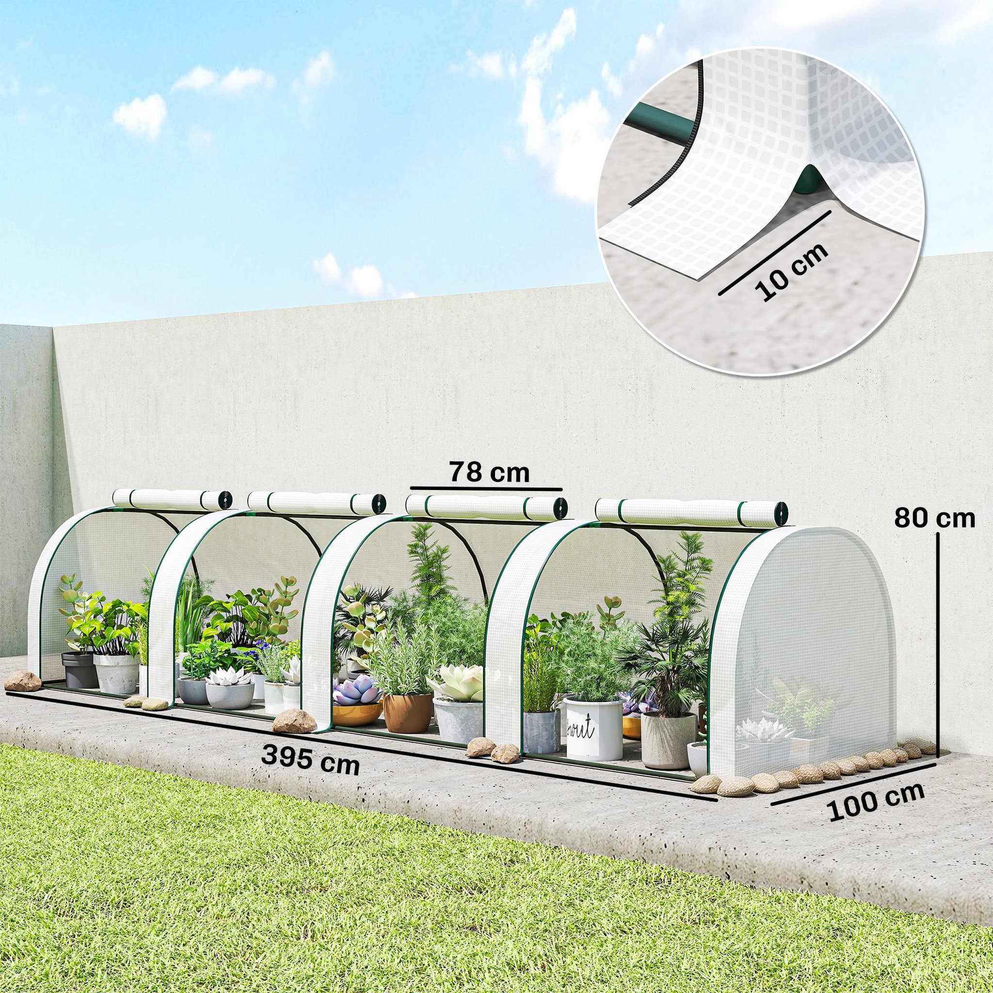 Voir la diapositive 3 : OUTSUNNY Mini serre de jardin serre à tomates 4 x 1 x 0,8 m 4 portes zippées