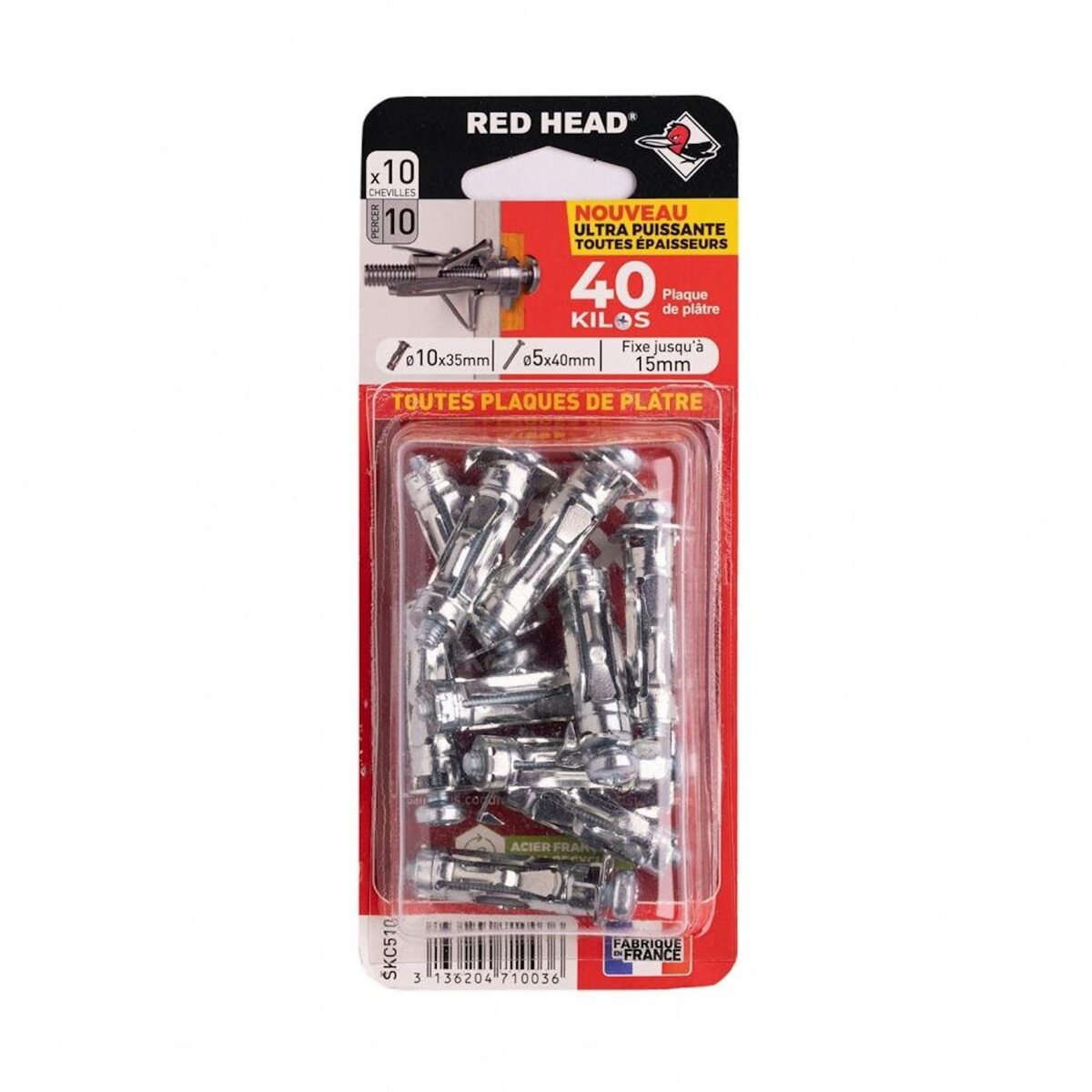 RED HEAD Lot de 10 chevilles diam. 10 x L.35 mm et vis à expansion diam. 5 x L.40 mm, RED HEAD