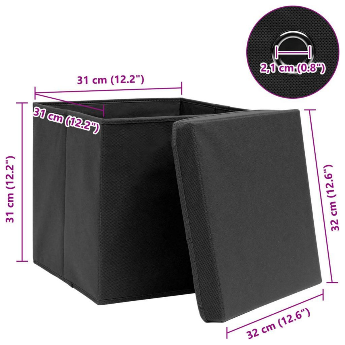 VIDAXL Boîtes de rangement avec couvercle 10 pcs Noir 32x32x32cm Tissu