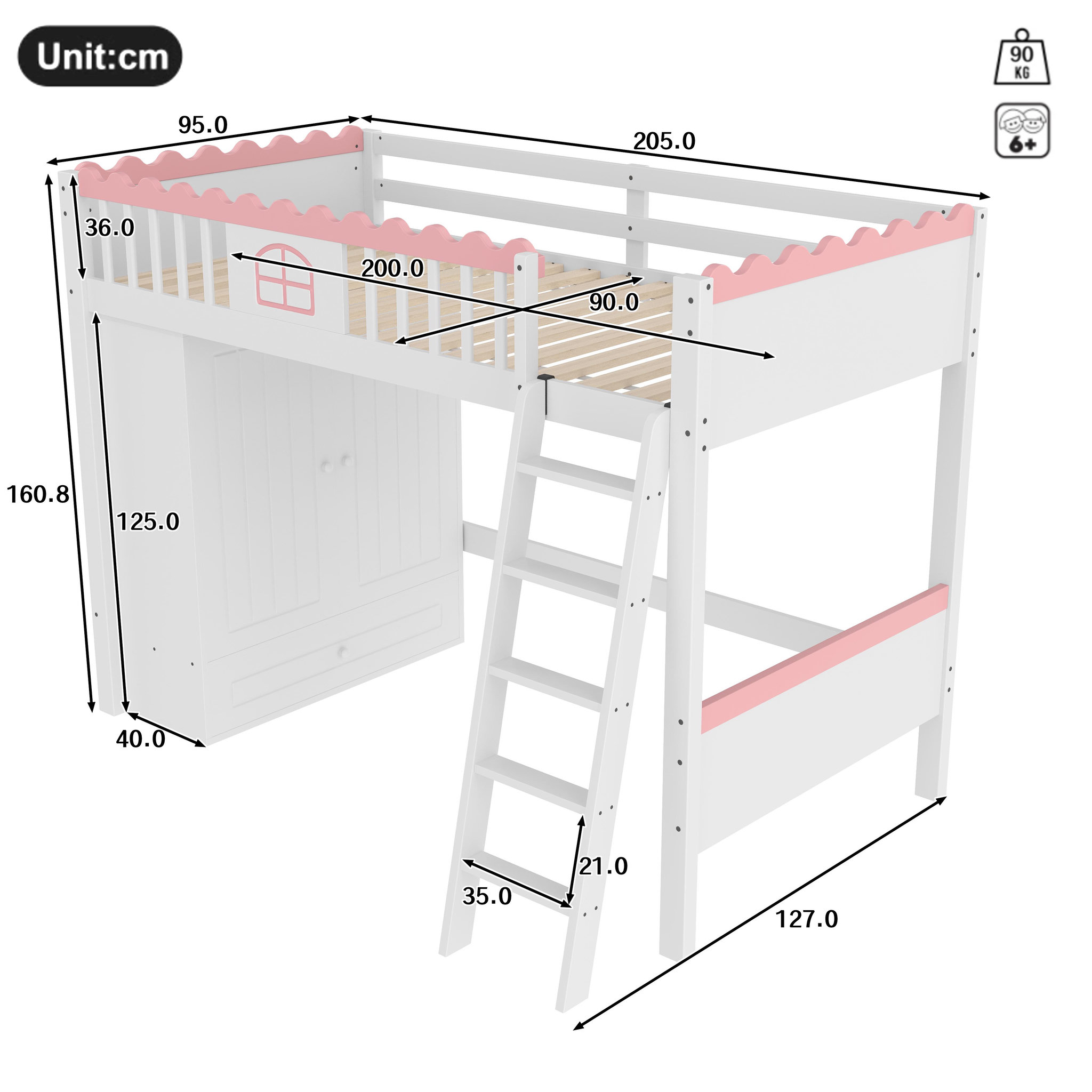 Voir la diapositive 3 : MERAX Lit combiné enfant 90x200cm pin coloris blanc et rose