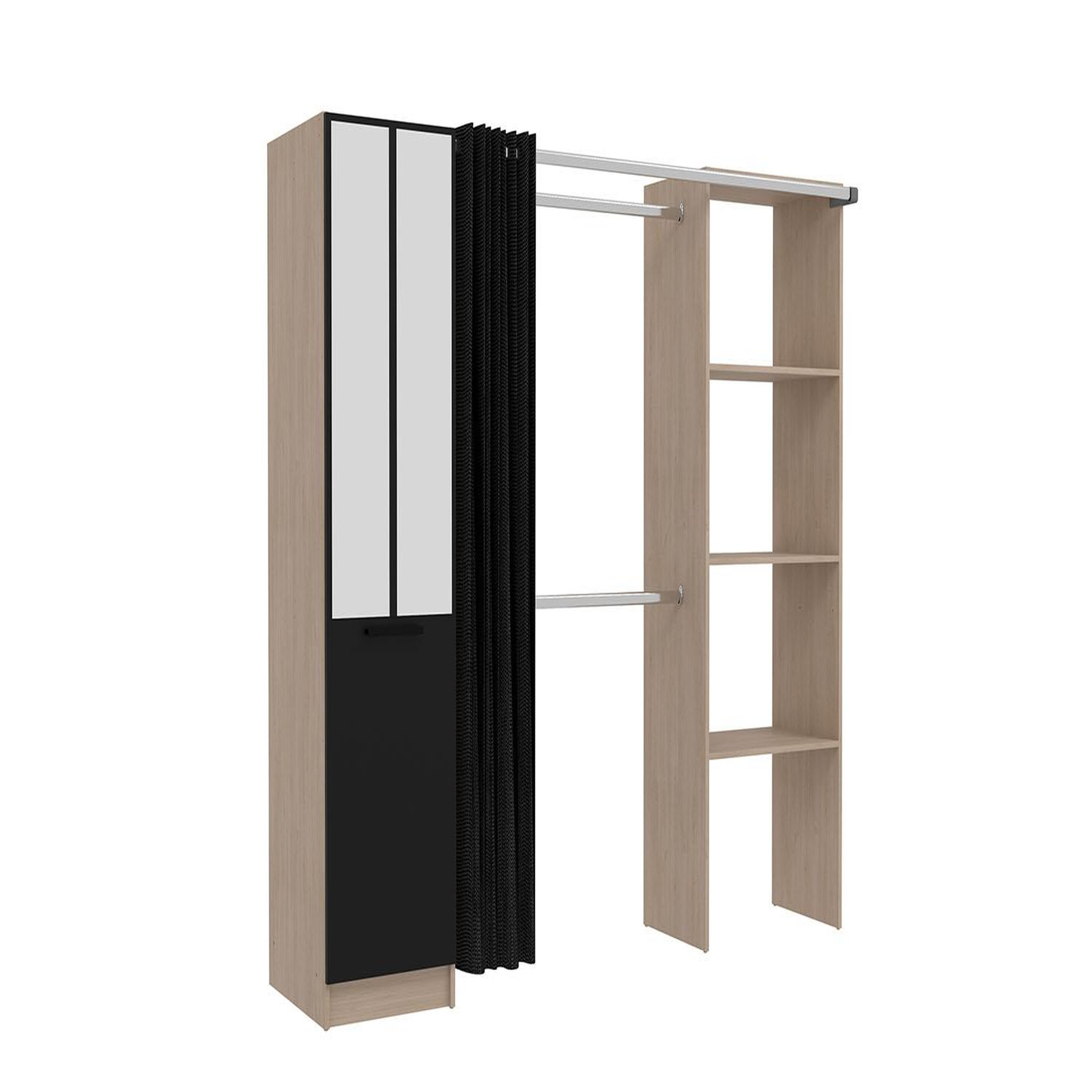 Voir la diapositive 1 : CONCEPT USINE Dressing industriel bois avec rideau noir et 2 penderies et 6 étagères NICE