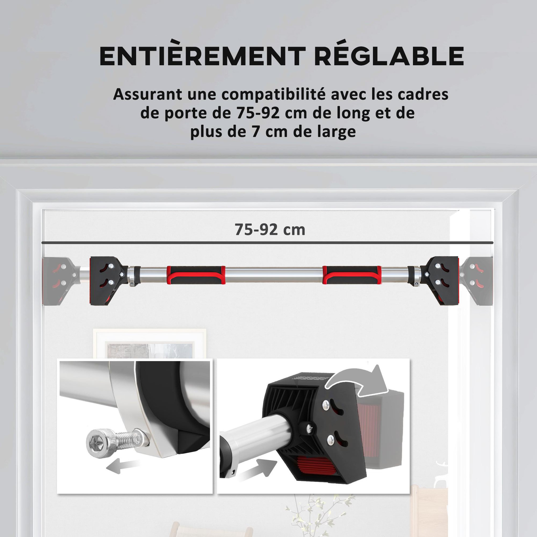 Voir la diapositive 6 : HOMCOM Barre de traction - barre de porte - pull up bar - barre d'étirement musculation pour cadres de porte sans vis - longueur ajustable (75-92cm)