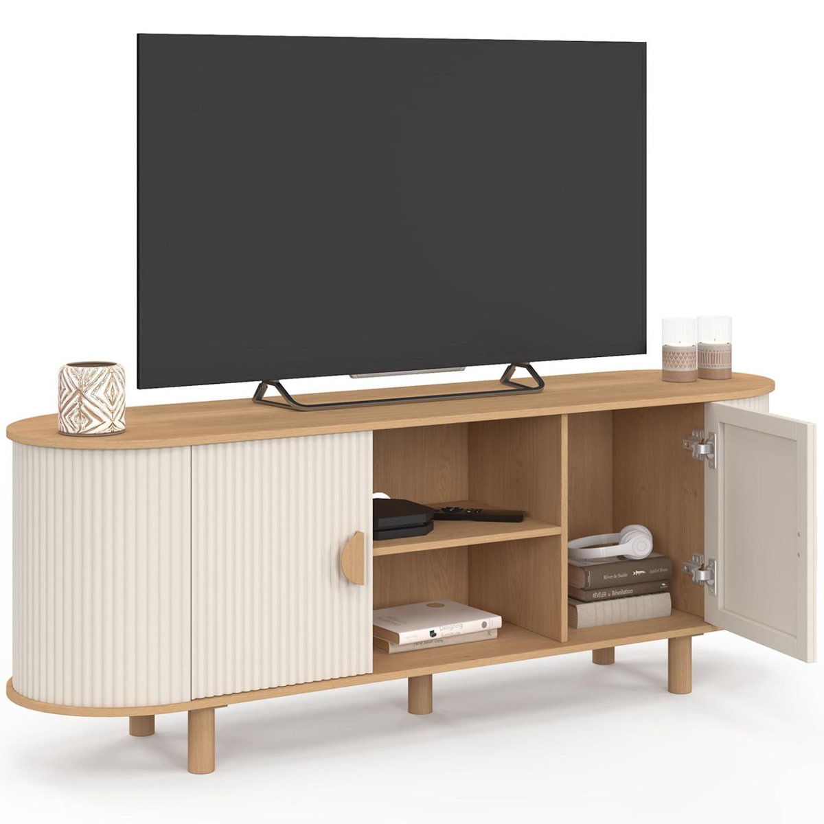 ID MARKET Meuble TV 140 cm KANEL 2 portes effet cannelé beige et bois