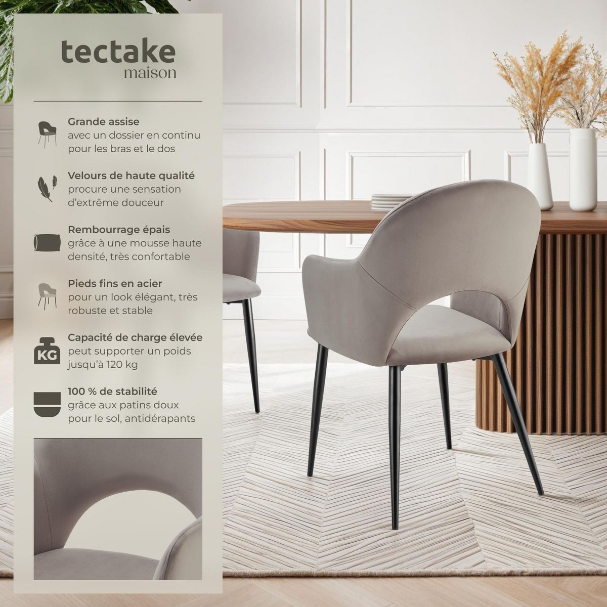 tectake Fauteuil en velours et rembourré taupe Lot de 6