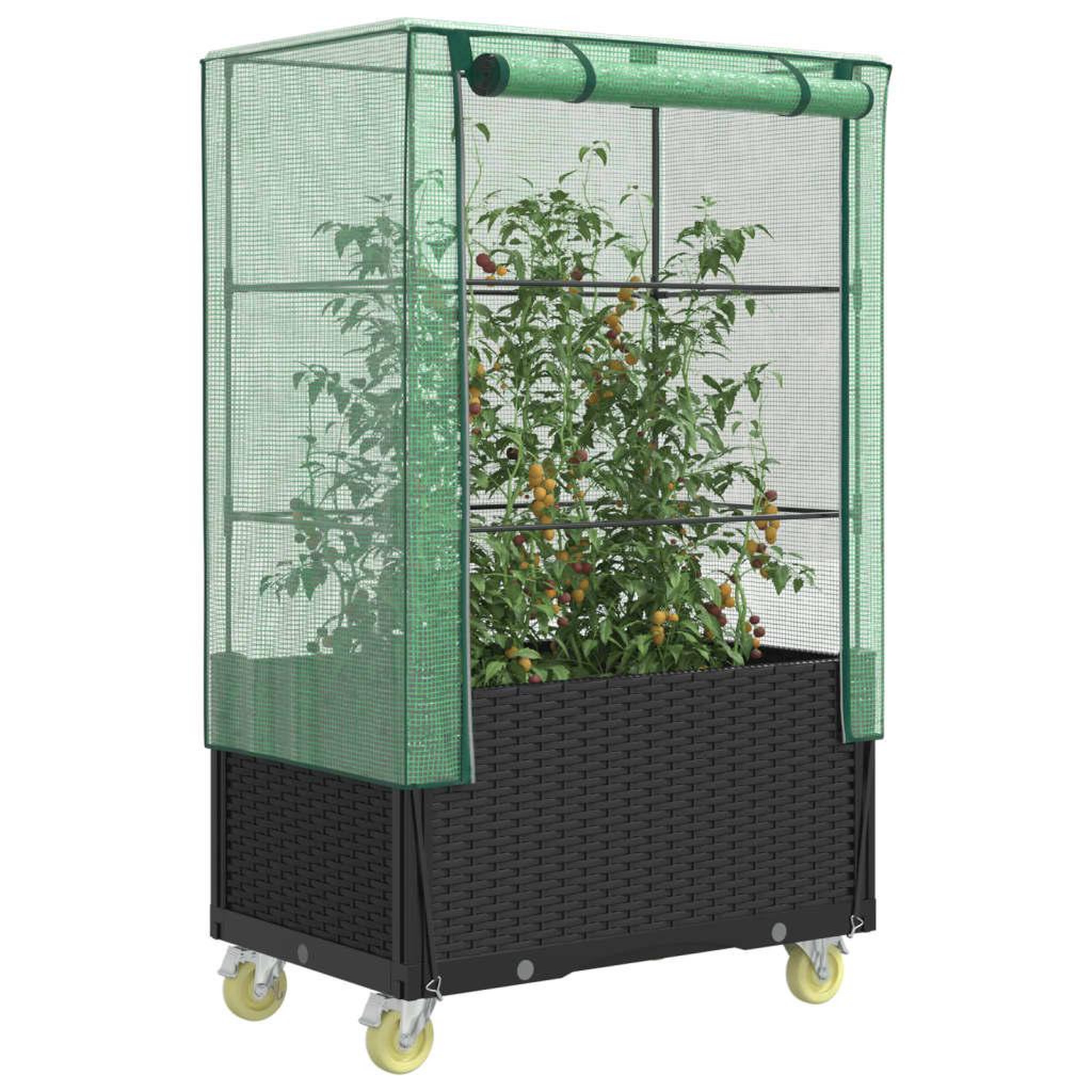 VIDAXL Jardiniere surelevee avec housse et roues aspect rotin