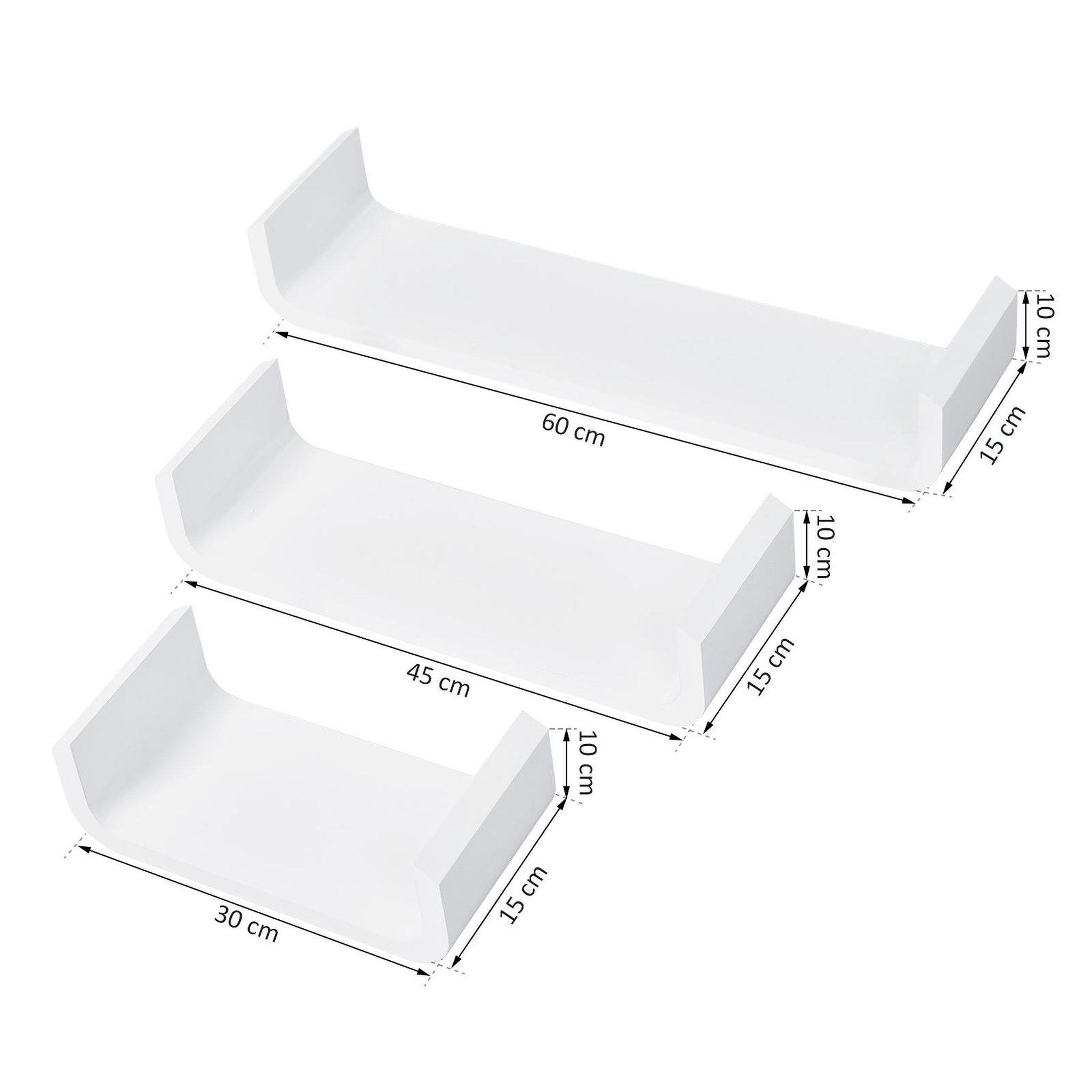Voir la diapositive 3 : HOMCOM Lot de 3 étagères murales flottantes - design contemporain courbé - kit fixation inclus - MDF blanc