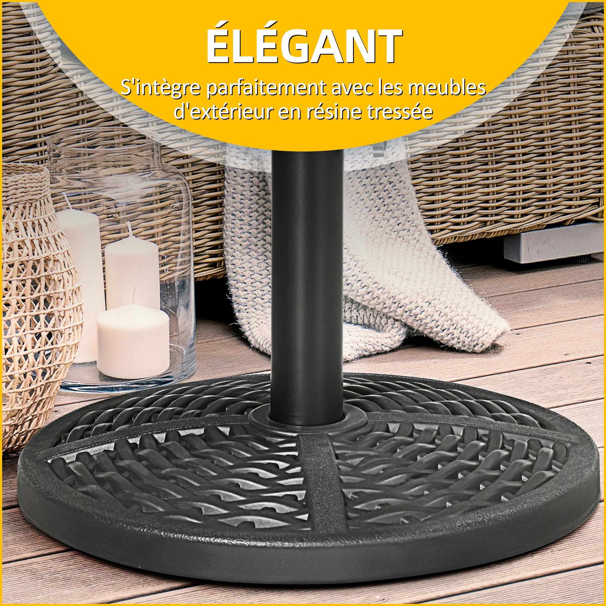 Voir la diapositive 6 : OUTSUNNY Pied de parasol rond base de lestage Ø 45 x 33H cm HDPE aspect rotin tressé poids net 8 Kg noir