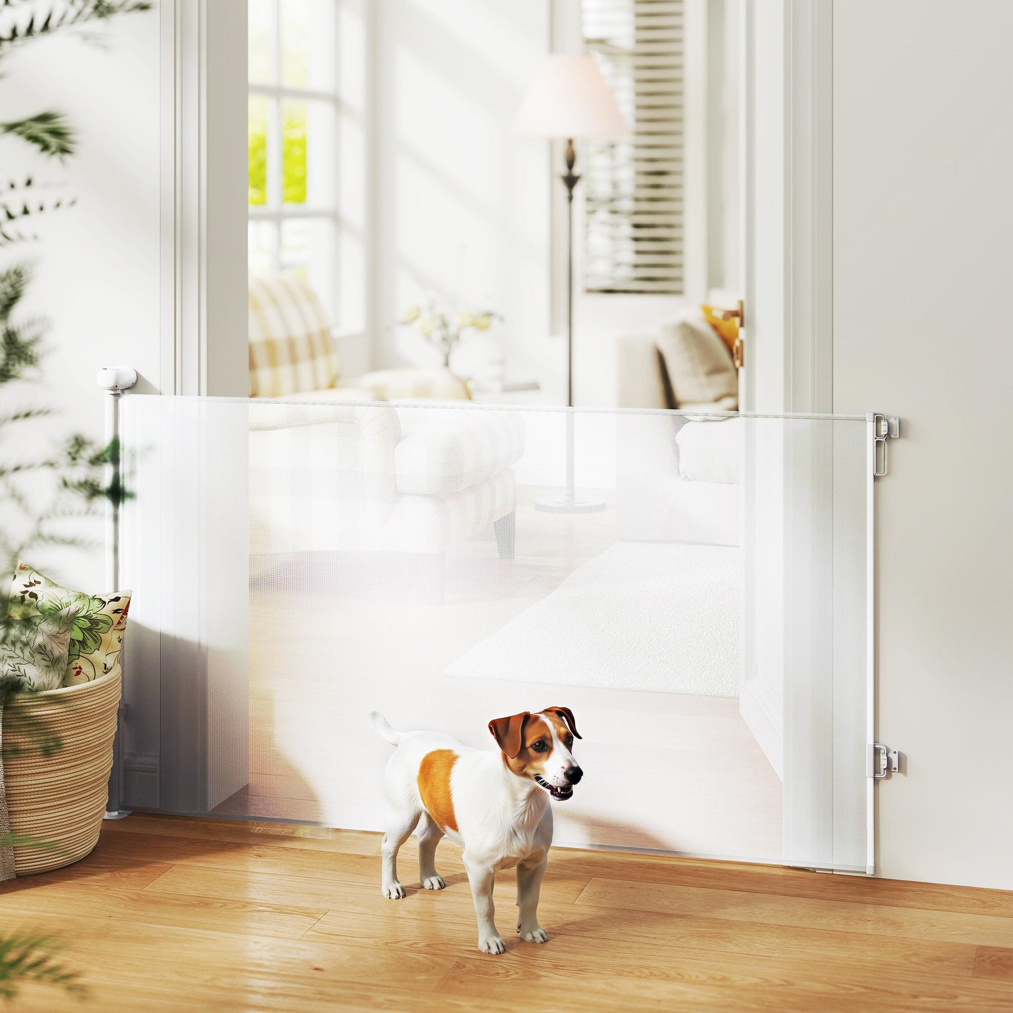 Voir la diapositive 2 : PAWHUT Barrière de sécurité chien rétractable 0-140 cm h.86 cm verrouillage auto alu pvc blanc