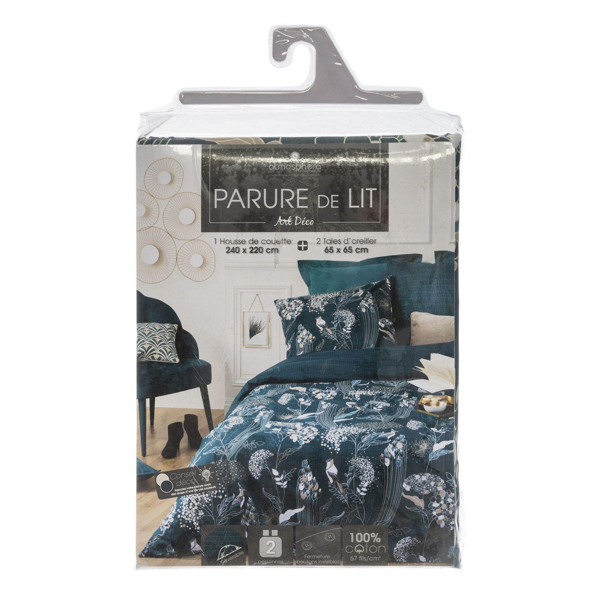 Voir la diapositive 6 : ATMOSPHERA Parure de lit 2 places en coton imprimé paon - 240x220 - bleu
