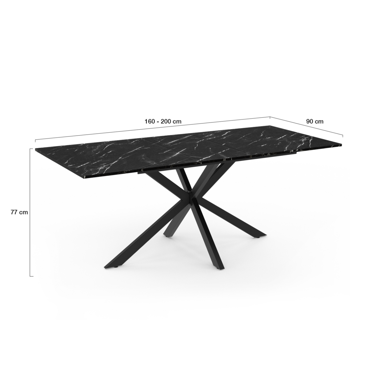 ID MARKET Table à manger extensible rectangle ALIX 6-10 personnes pied araignée noir et plateau effet marbre noir ALASKA 160-200 cm