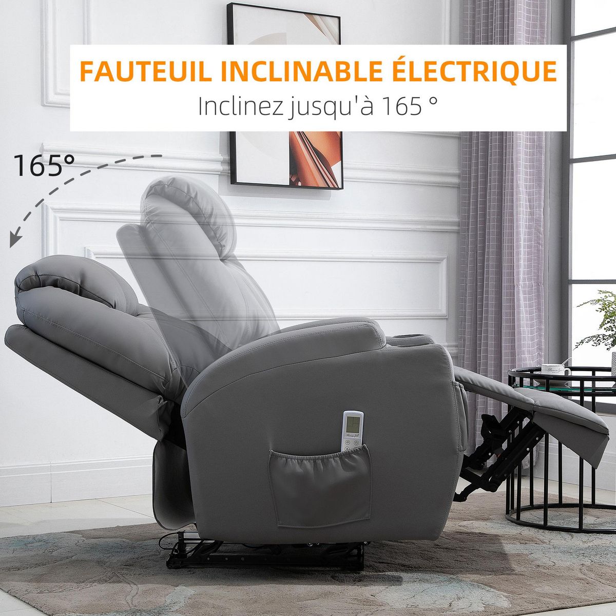 HOMCOM Fauteuil luxe de relaxation et massage inclinaison dossier repose-pied électrique revêtement synthétique gris